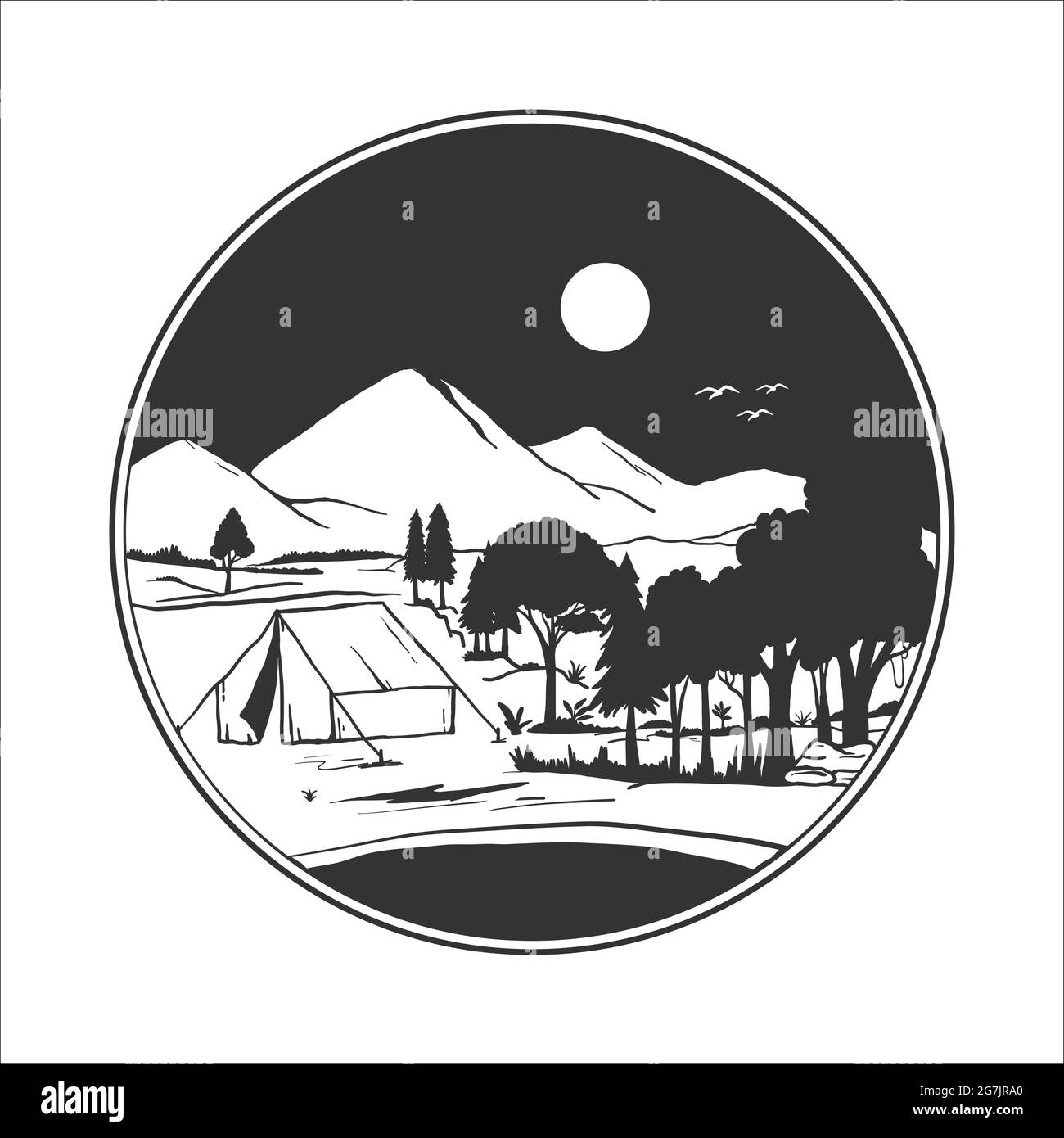 badge da campeggio silhouette. illustrazione vettoriale del campeggio nelle montagne selvagge Illustrazione Vettoriale