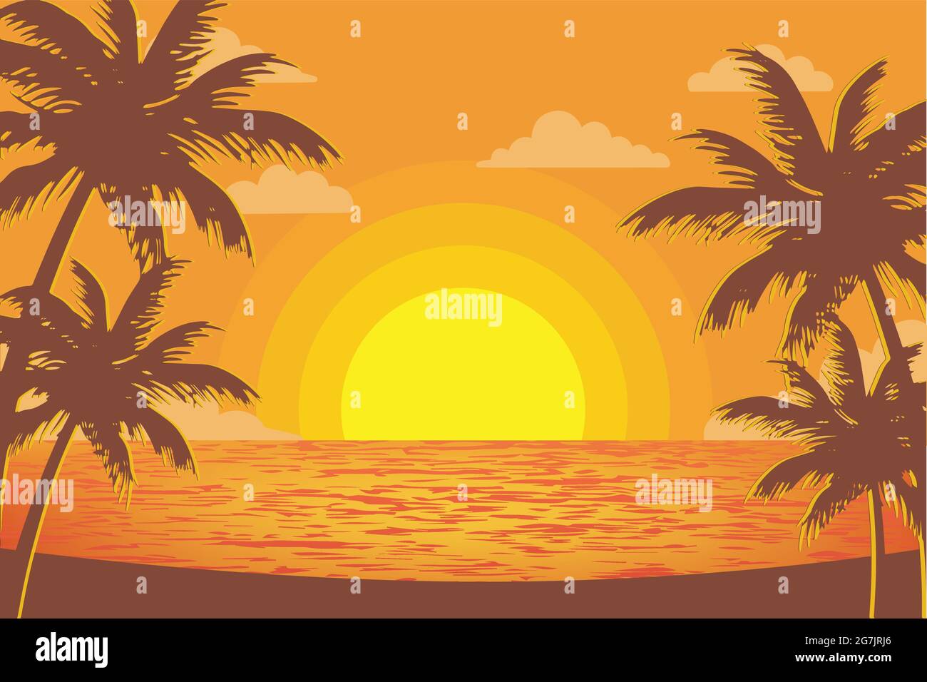 vista al tramonto sulla spiaggia tropicale al tramonto con la silhouette delle palme Illustrazione Vettoriale