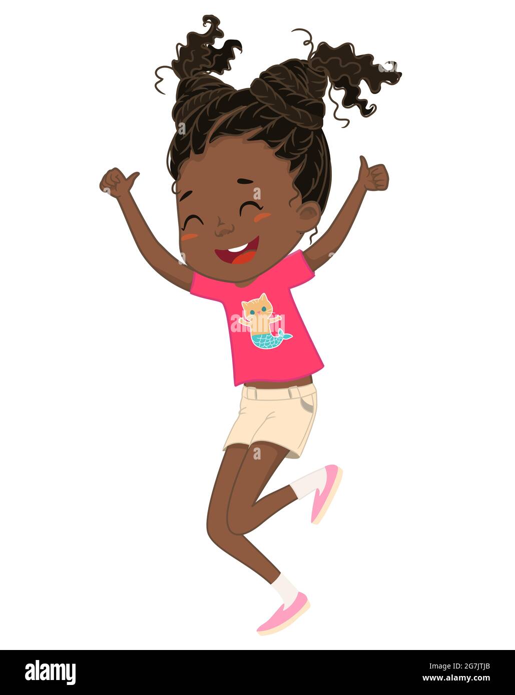 Carino felice African American ragazza saltando e ballando allegro su uno sfondo bianco. Ragazza ridente, sfondo vettoriale per poster, copertina, ecc. Illustrazione Vettoriale