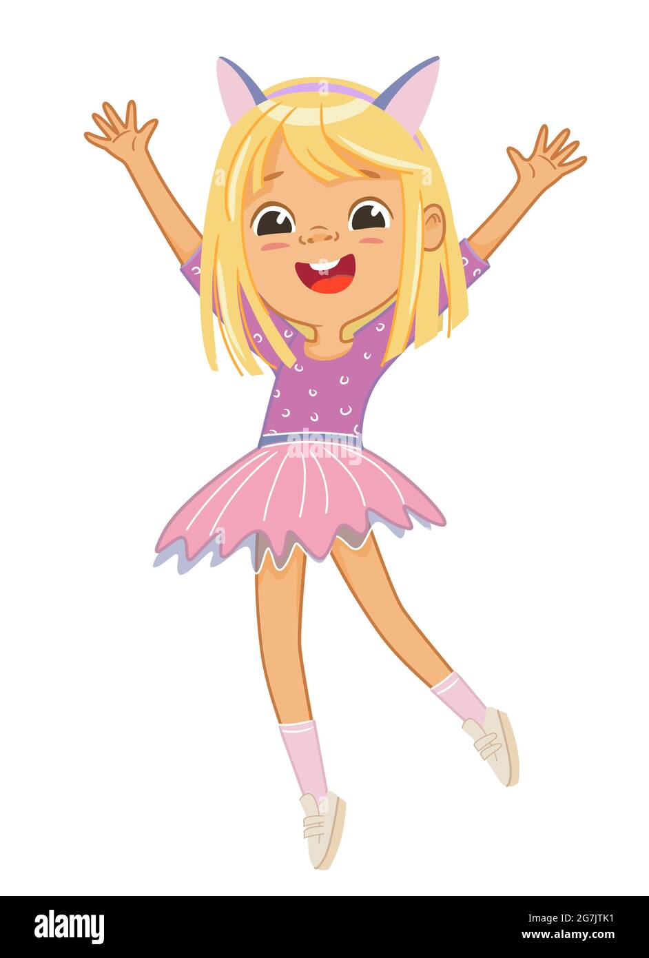 Carino ragazza bionda felice saltando e ballando allegro su uno sfondo bianco. Ridendo scuola ragazza, vettore sfondo per poster, copertina, ecc Illustrazione Vettoriale