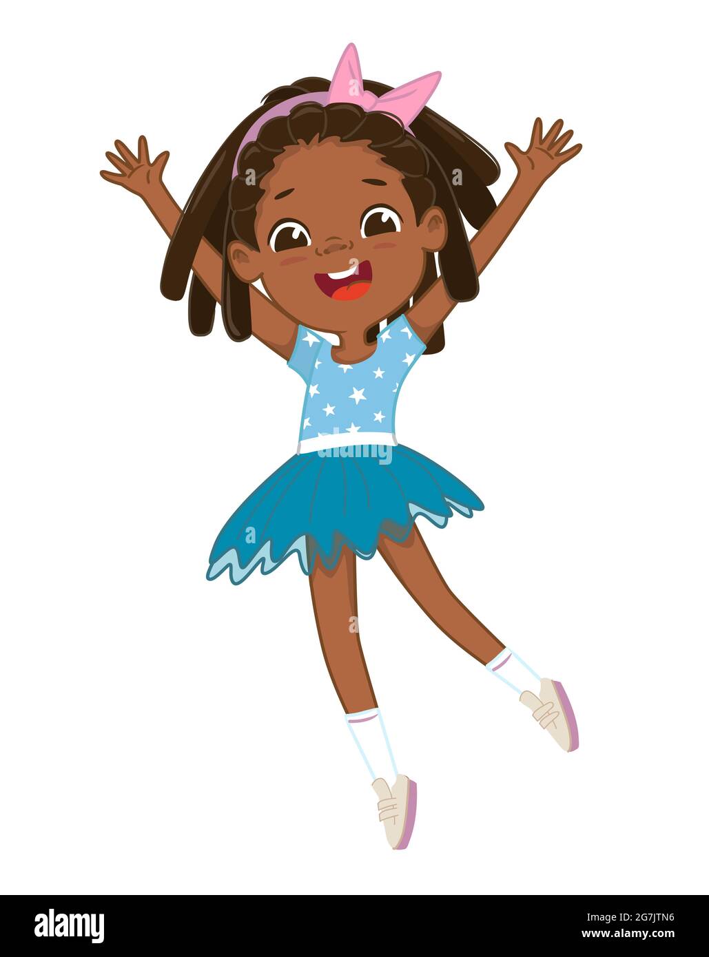 Carino felice African American ragazza saltando e ballando allegro su uno sfondo bianco. Ragazza ridente, sfondo vettoriale per poster, copertina, ecc. Illustrazione Vettoriale