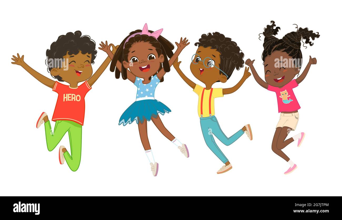 I ragazzi e le ragazze afro-americani giocano insieme, saltano felicemente e ballano sullo sfondo. I bambini si divertono. Personaggi colorati di cartoni animati Illustrazione Vettoriale