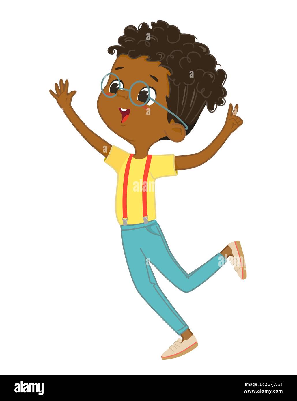 Carino felice African American ragazzo saltando e ballando allegro su uno sfondo bianco. Ragazzo di scuola ridente, sfondo vettoriale per poster, copertina, ecc. Illustrazione Vettoriale