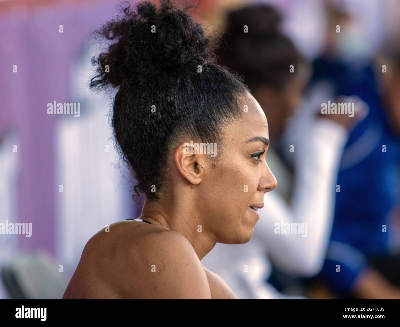 Gateshead, Regno Unito. 13 luglio 2021. Katarina Johnson-Thompson di Gran Bretagna che si riposa durante il Gran Premio di Gran Bretagna di Gateshead 2021 Müller, allo stadio internazionale di Gateshead. (Foto di Iain McGuinness/SOPA Images/Sipa USA) Credit: Sipa USA/Alamy Live News Foto Stock