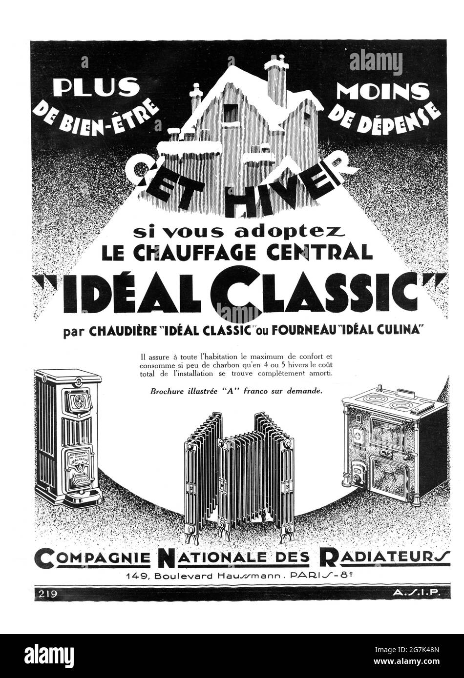Vintage francese 'so vous adopter LE CHAUFFAGE CENTRAL IDEAL CLASSIC' Annuncio (qualità poster A3+, 600 dpi) Foto Stock