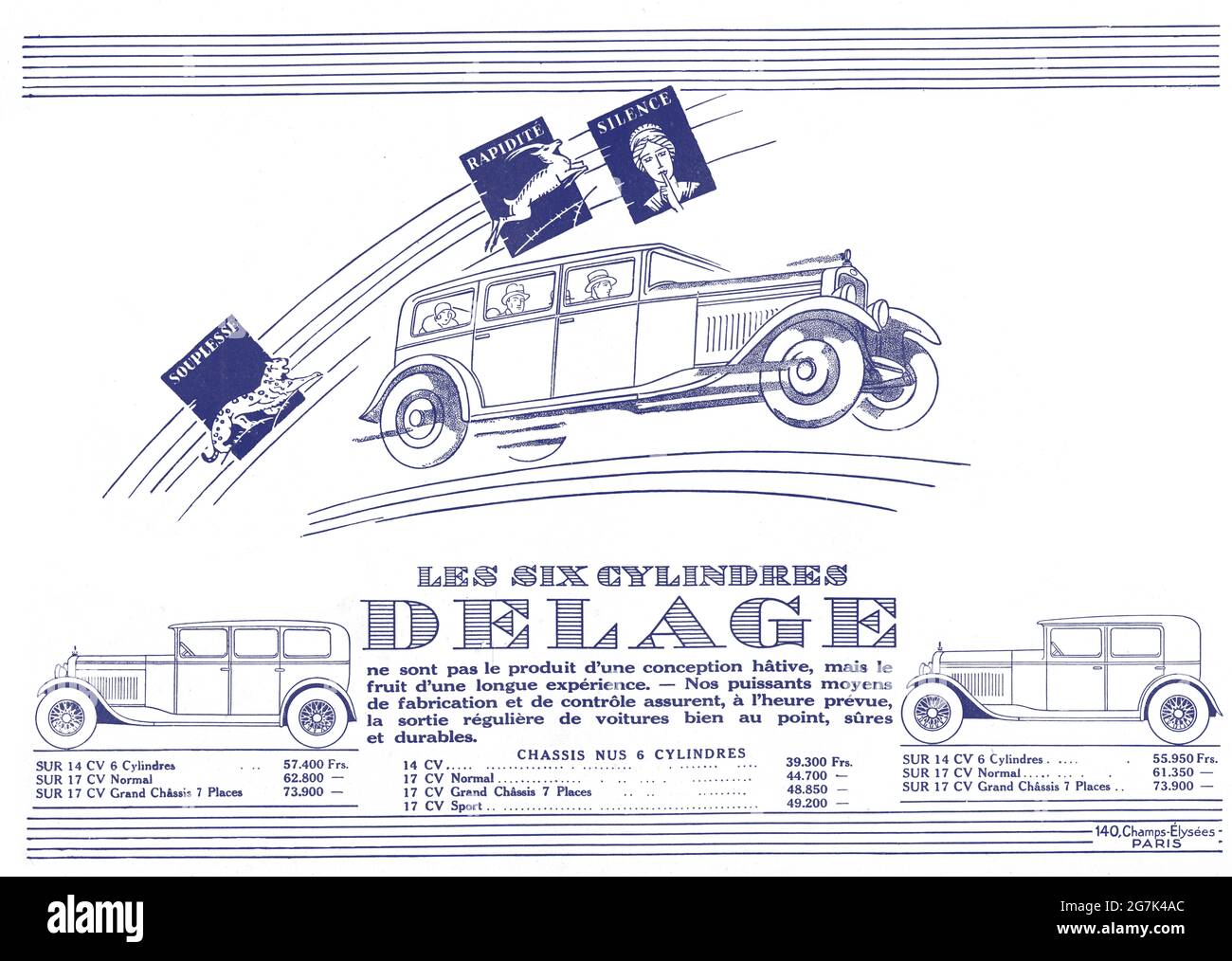 Annuncio Vintage francese "Les Six Cylinders" Delage Vehicle (qualità poster A3+, 600 dpi) Foto Stock