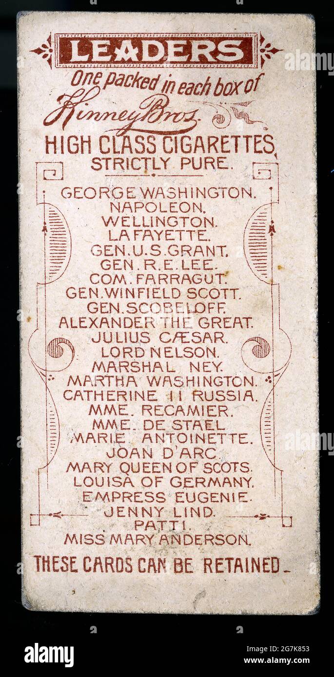 Il dorso di una carta da collezione inserita in un pacchetto di sigarette Kinney Bros. Comprende una lista dei leader mondiali raffigurati sul set di carte, intorno al 1880. Foto Stock