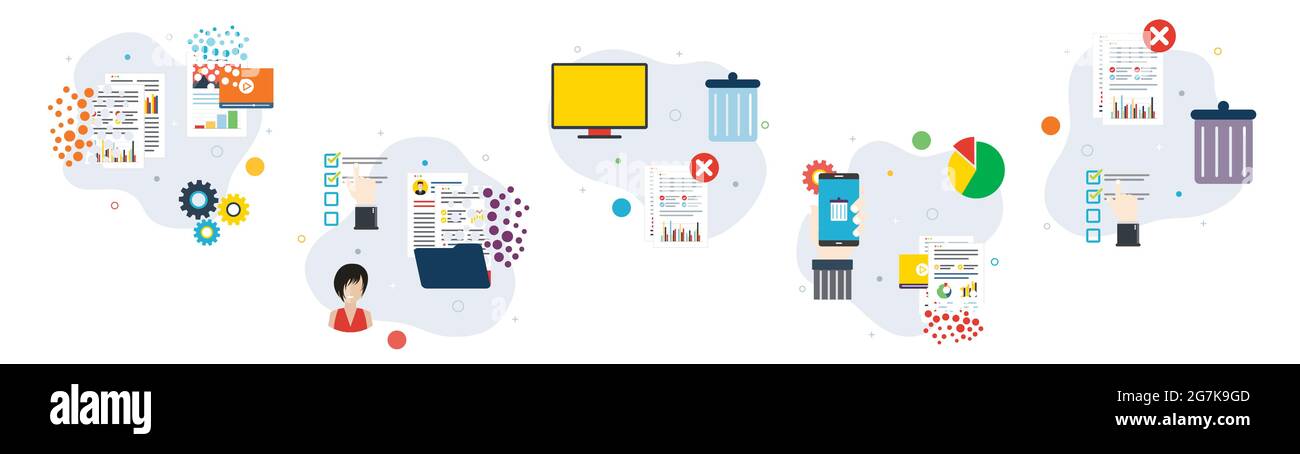 Computer, cestino digitale, documenti e icone di cloud computing. Concetti di eliminazione dei file, eliminazione dei documenti, cestino del computer e distruzione dei dati dello smartphone Illustrazione Vettoriale
