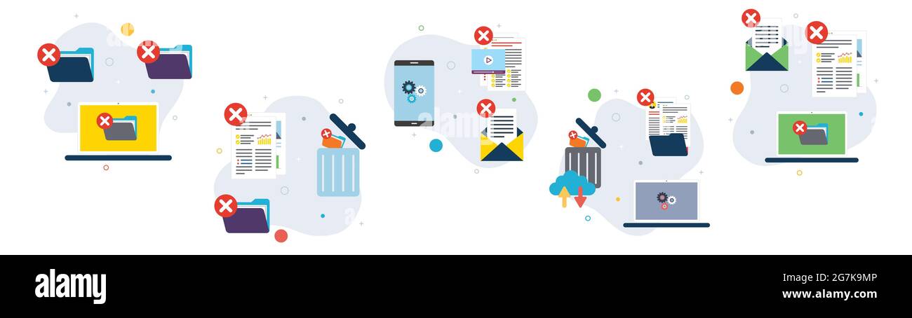 Computer, cestino digitale, documenti e icone di cloud computing. Concetti di eliminare cartella, trash digitale, distruggere dati e cloud computing cestino. D. Piatta Illustrazione Vettoriale