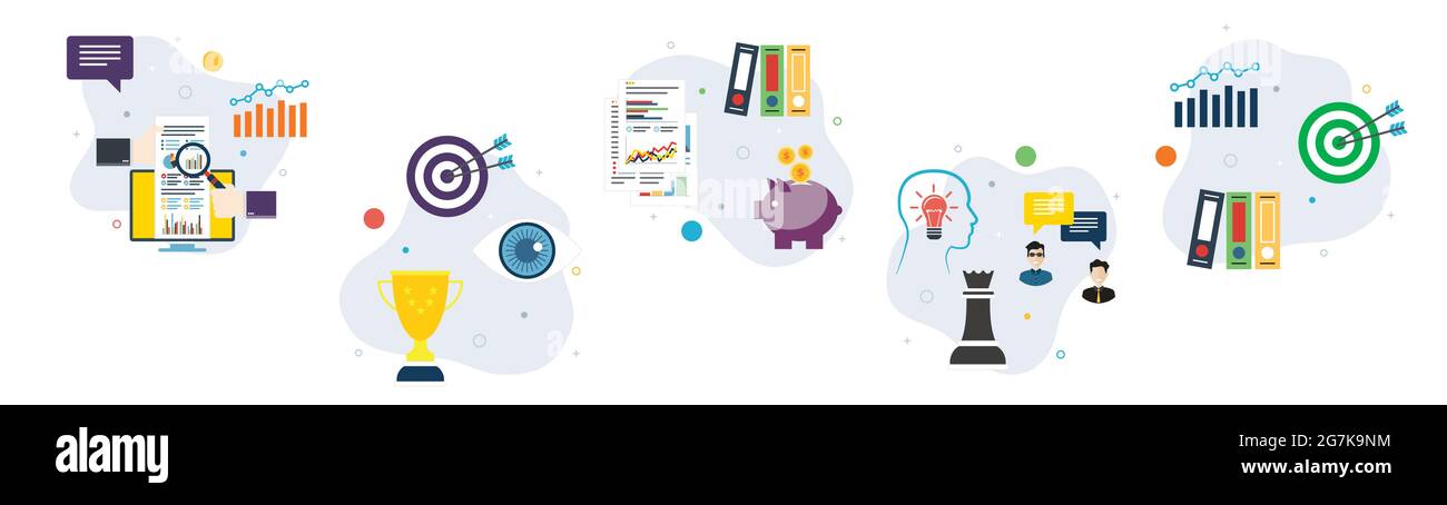 Business, investimenti, lavoro di squadra, successo, strategia e icone finanziarie. Concetti di mercato finanziario, successo del lavoro di squadra, investimenti aziendali e teamwor Illustrazione Vettoriale