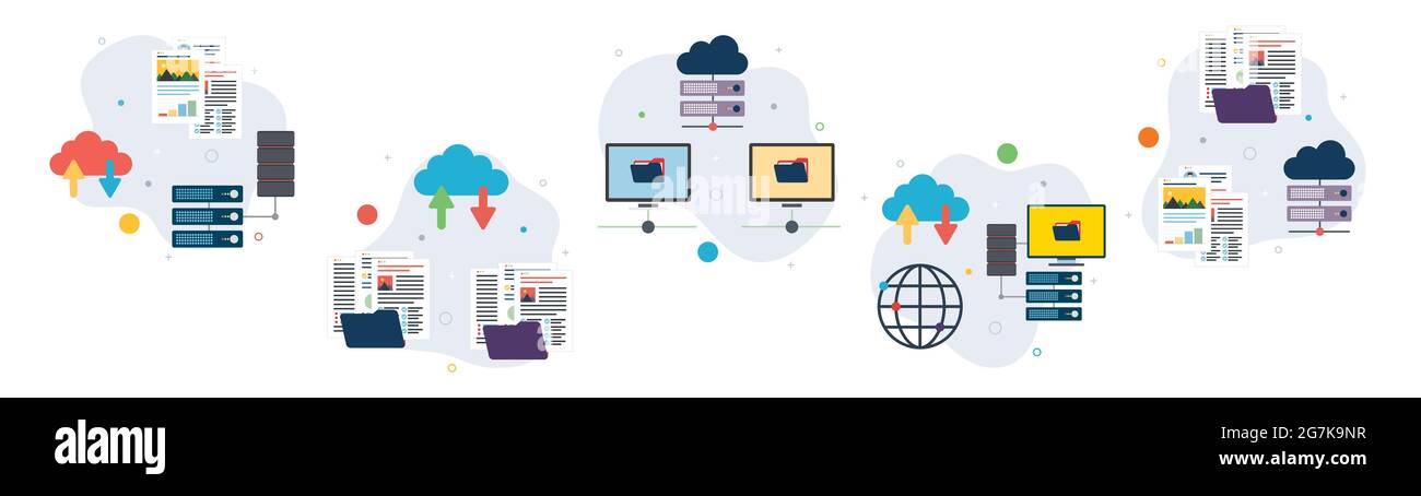 Icone di computer, backup, dati e cloud computing. Concetti di trasferimento di file, documento di dati di backup, scambio di dati computer e cloud computing. Piatto de Illustrazione Vettoriale