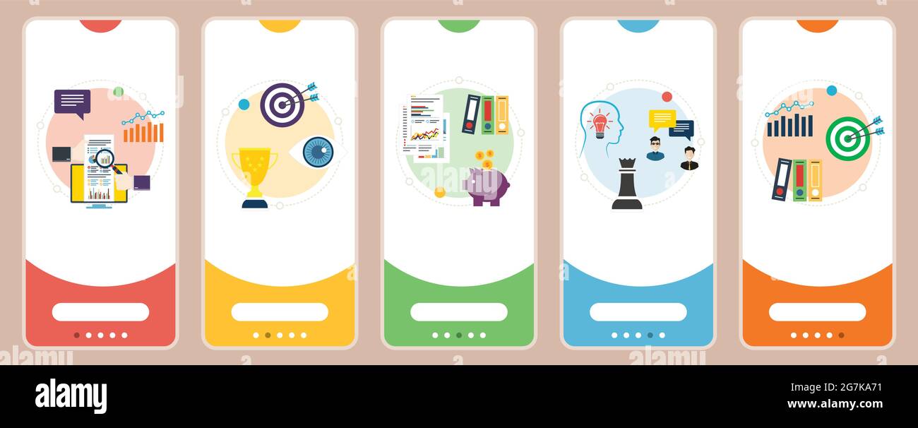 Business, investimenti, lavoro di squadra, successo, strategia e icone finanziarie. Concetti di mercato finanziario, successo del lavoro di squadra, investimenti aziendali e teamwor Illustrazione Vettoriale