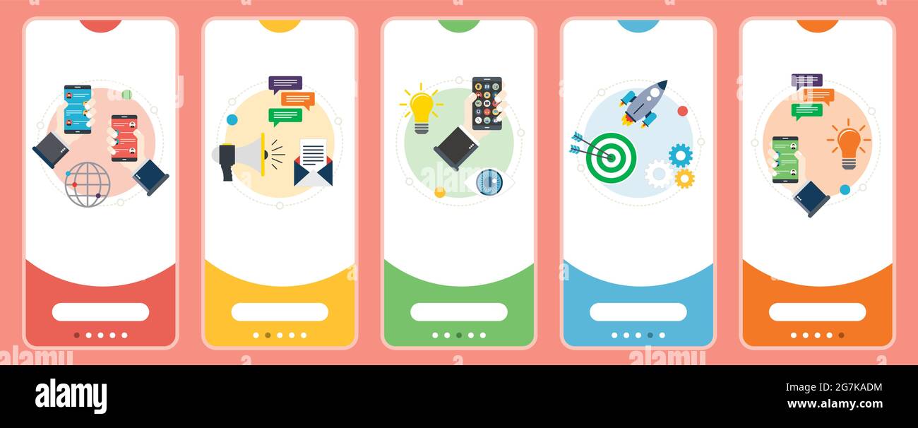 App per messaggi, comunicazione, innovazione, concorrenza e icone aziendali. Concetti di applicazione di messaggio, comunicazione, innovazione digitale, concorrenza digita Illustrazione Vettoriale