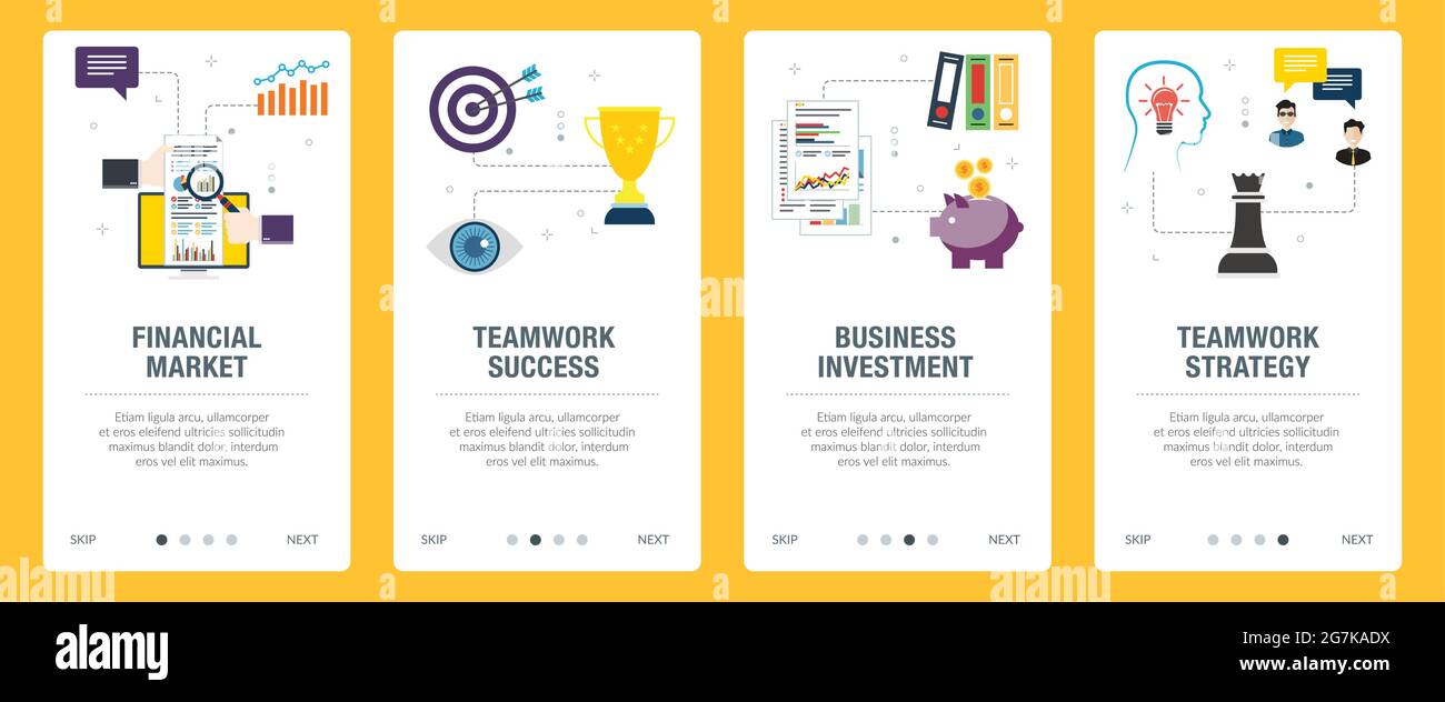 Business, investimenti, lavoro di squadra, successo, strategia e icone finanziarie. Concetti di mercato finanziario, successo del lavoro di squadra, investimenti aziendali e teamwor Illustrazione Vettoriale