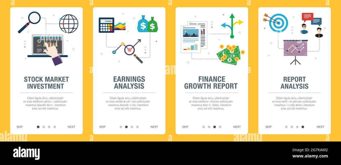 Icone di investimenti, analisi dei guadagni, finanza, crescita e report. Concetti di investimento in borsa, analisi degli utili, crescita finanziaria Illustrazione Vettoriale