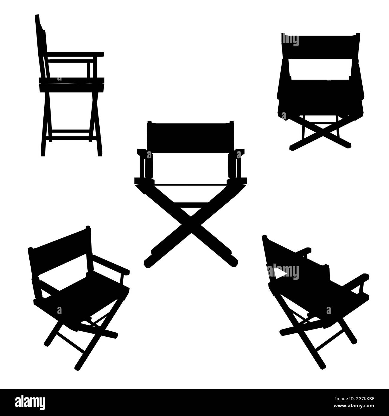 Set con silhouette di sedie pieghevoli estive in diverse posizioni isolate su uno sfondo bianco. Illustrazione vettoriale. Illustrazione Vettoriale