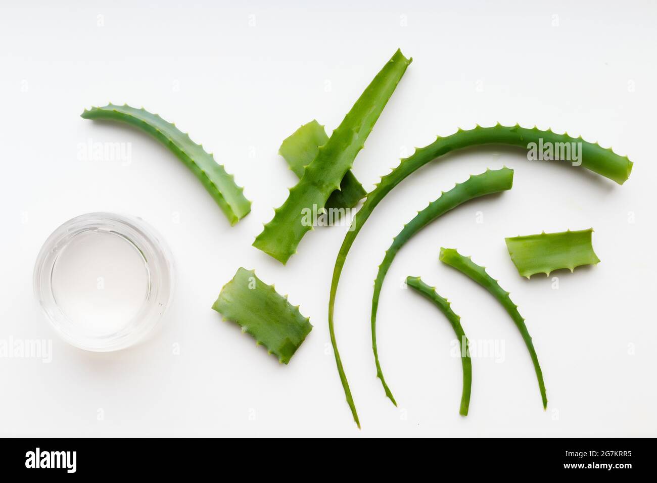 Vista dall'alto di Aloe vera Plant e vasetto di gel. Concetto di bellezza. Foto Stock