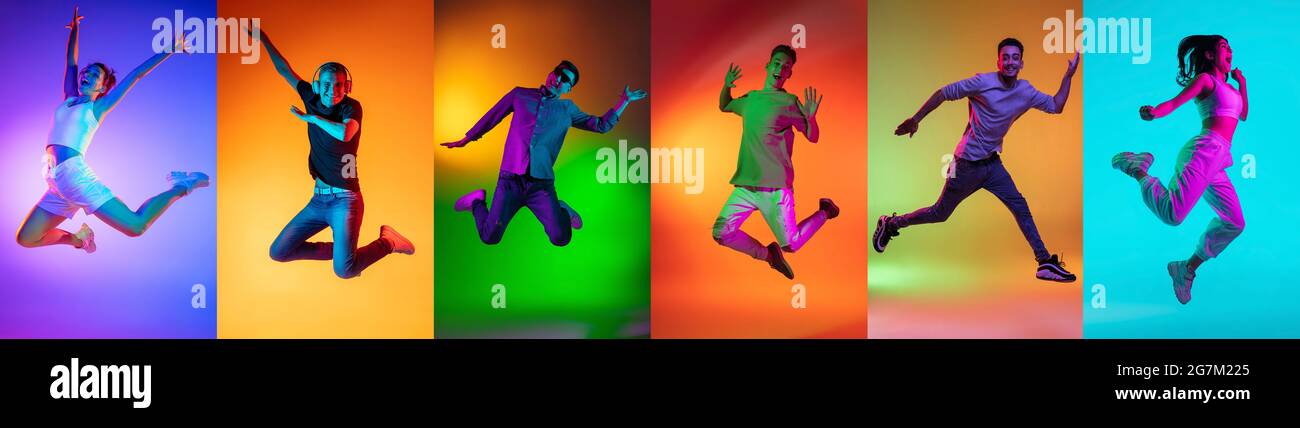 Ritratto di gruppo di persone che saltano isolato su sfondo multicolore in luce al neon, collage. Foto Stock