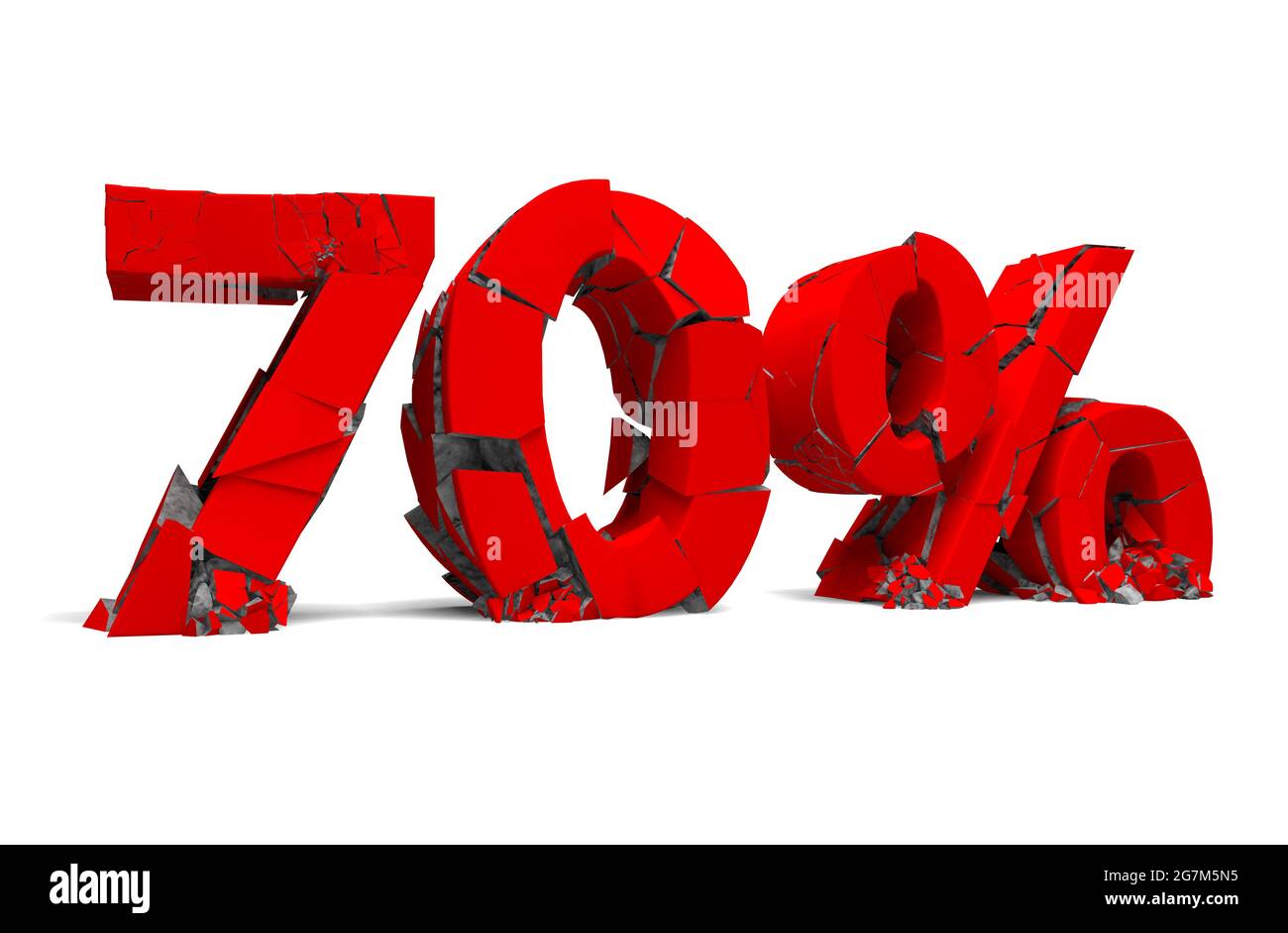 Numero 70 in rosso isolato su bianco e segno percentuale. Prezzo di rottura e promotion.Concept di offerta e prices.3d illustrazione. Foto Stock