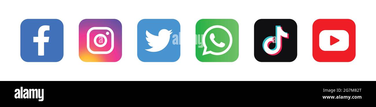 Set di icone dei social media, contenente facebook, instagram, twitter, whatsapp, tiktok e simbolo di youtube. Illustrazione Vettoriale