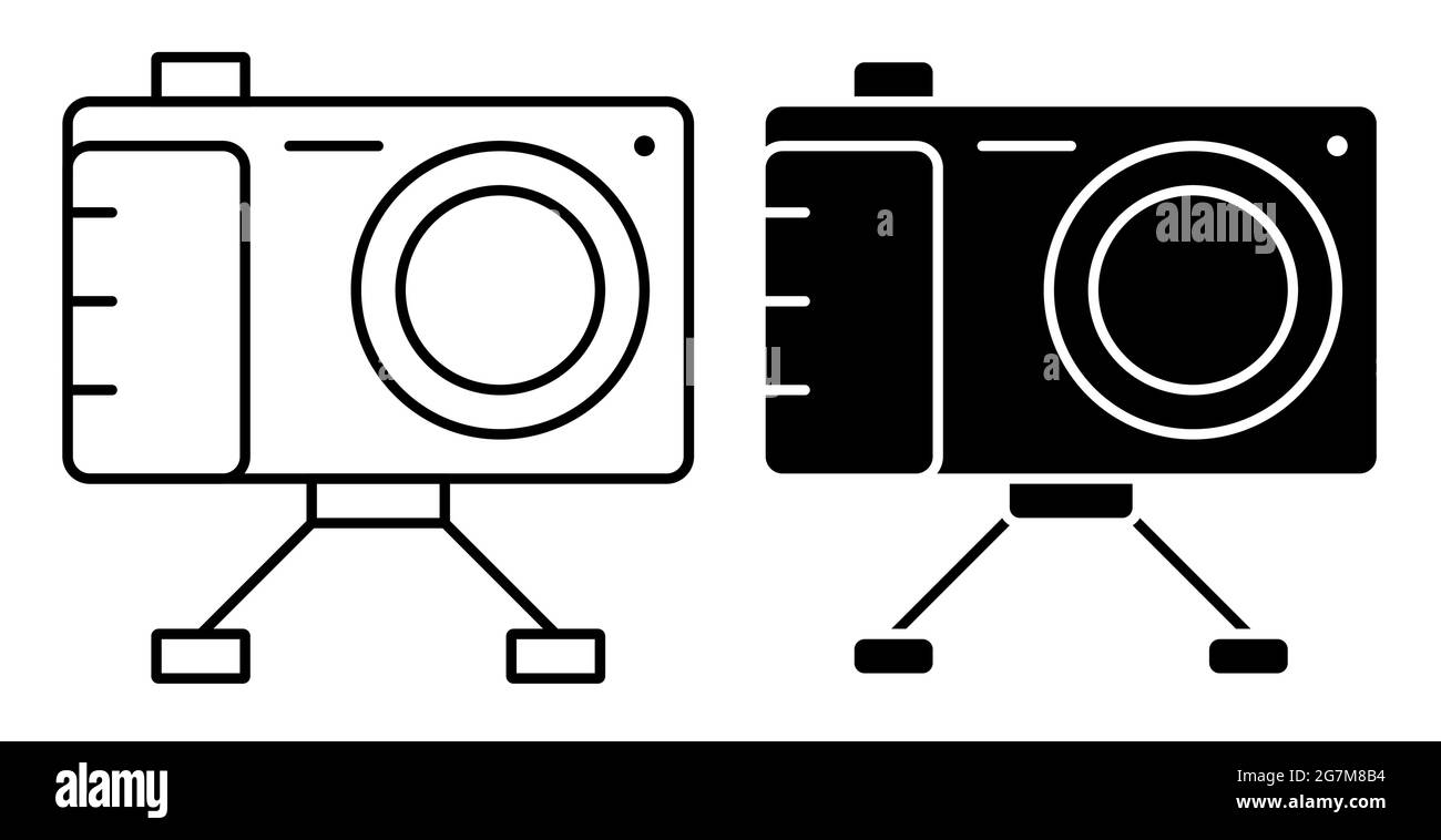 Icona lineare. Fotocamera su supporto, attrezzatura per fotografia e selfie. Giornata mondiale della fotografia 19 agosto. Semplice vettore in bianco e nero Illustrazione Vettoriale
