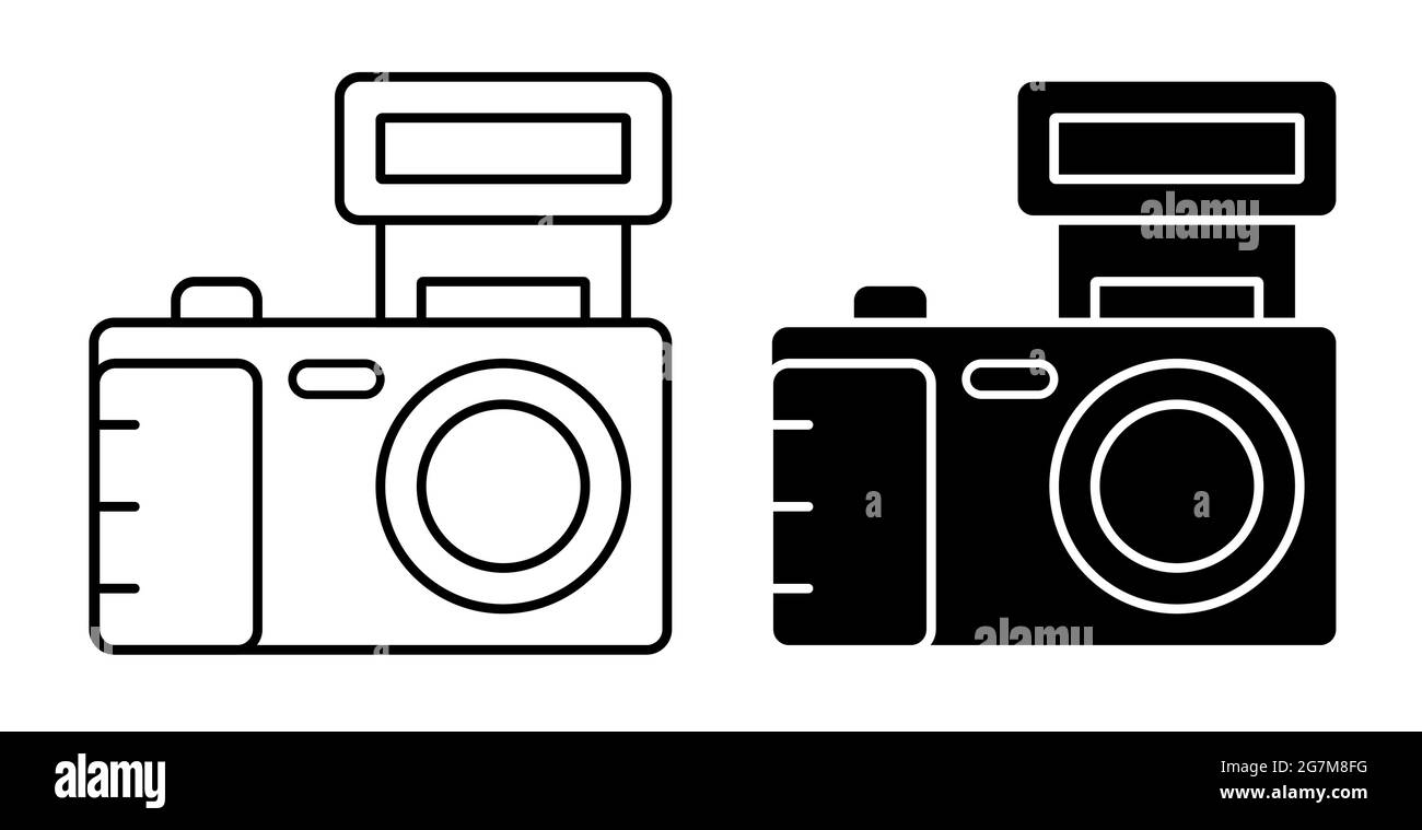 Icona lineare. Fotocamera, attrezzatura per fotografia e selfie. Giornata mondiale della fotografia 19 agosto. Semplice vettore in bianco e nero Illustrazione Vettoriale