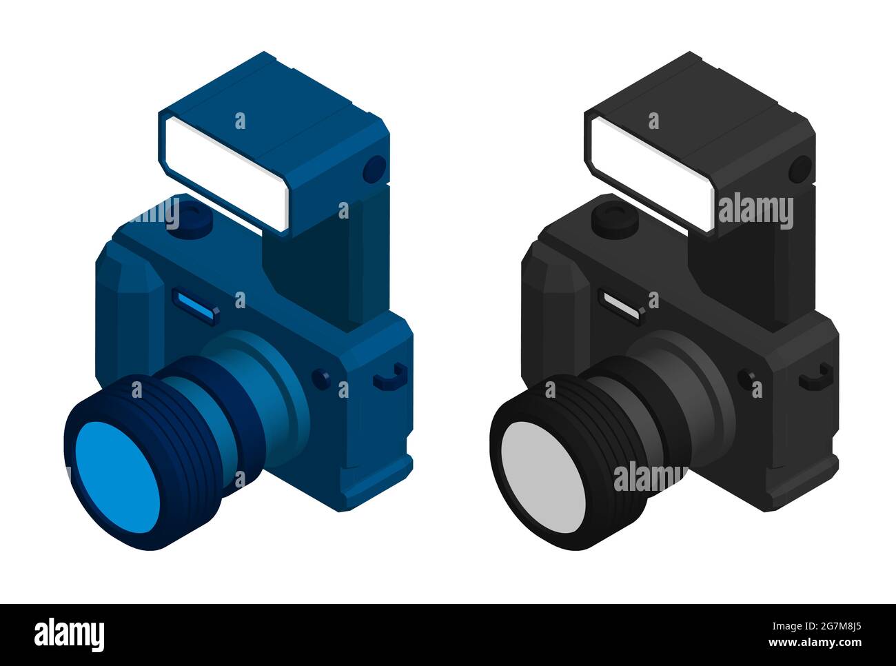 Macchina fotografica isometrica, attrezzatura per fotografia e selfie. Giornata mondiale della fotografia 19 agosto. Vettore 3D realistico Illustrazione Vettoriale