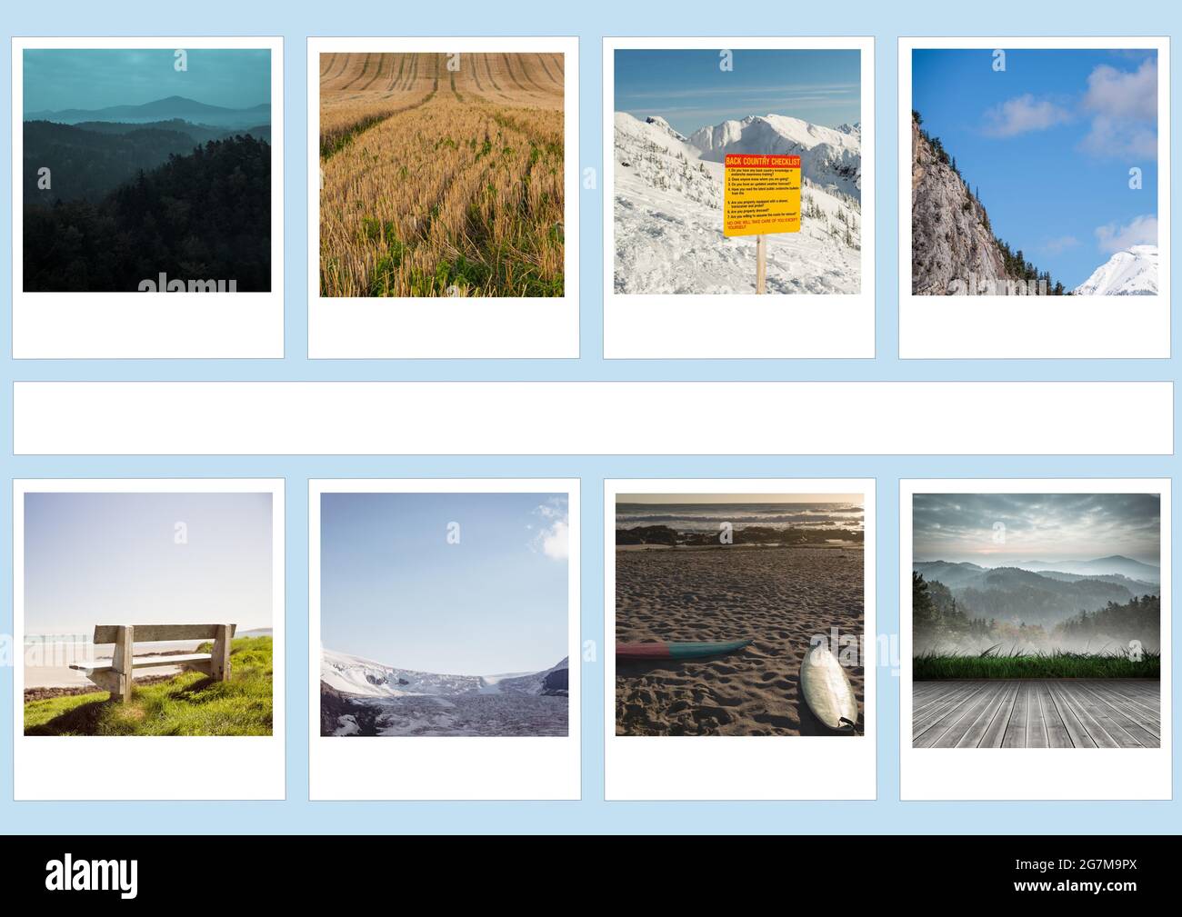Più foto polaroid di diversi paesaggi belli su sfondo blu Foto Stock