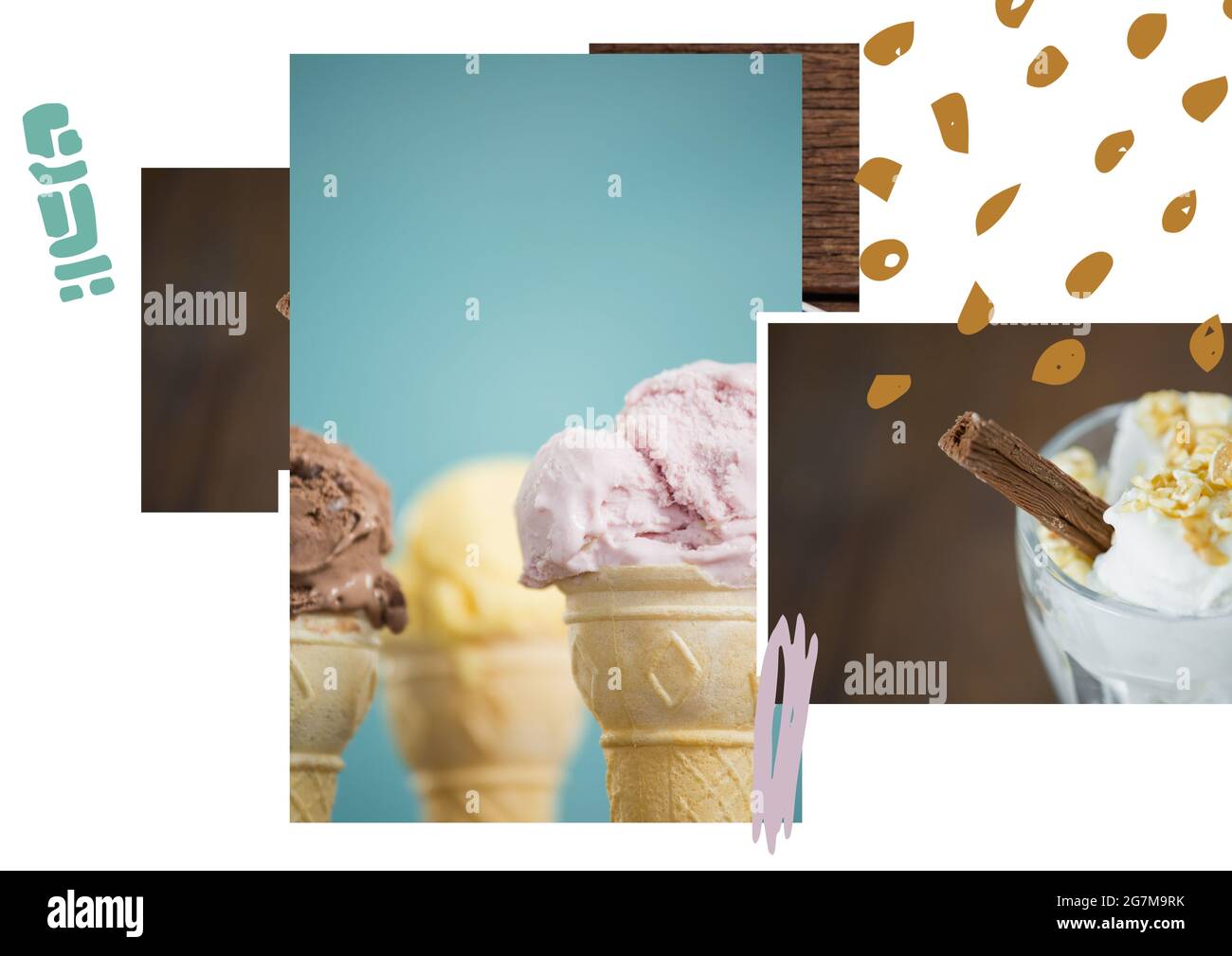 Forme astratte su collage di foto di gelato e dessert su sfondo bianco Foto Stock