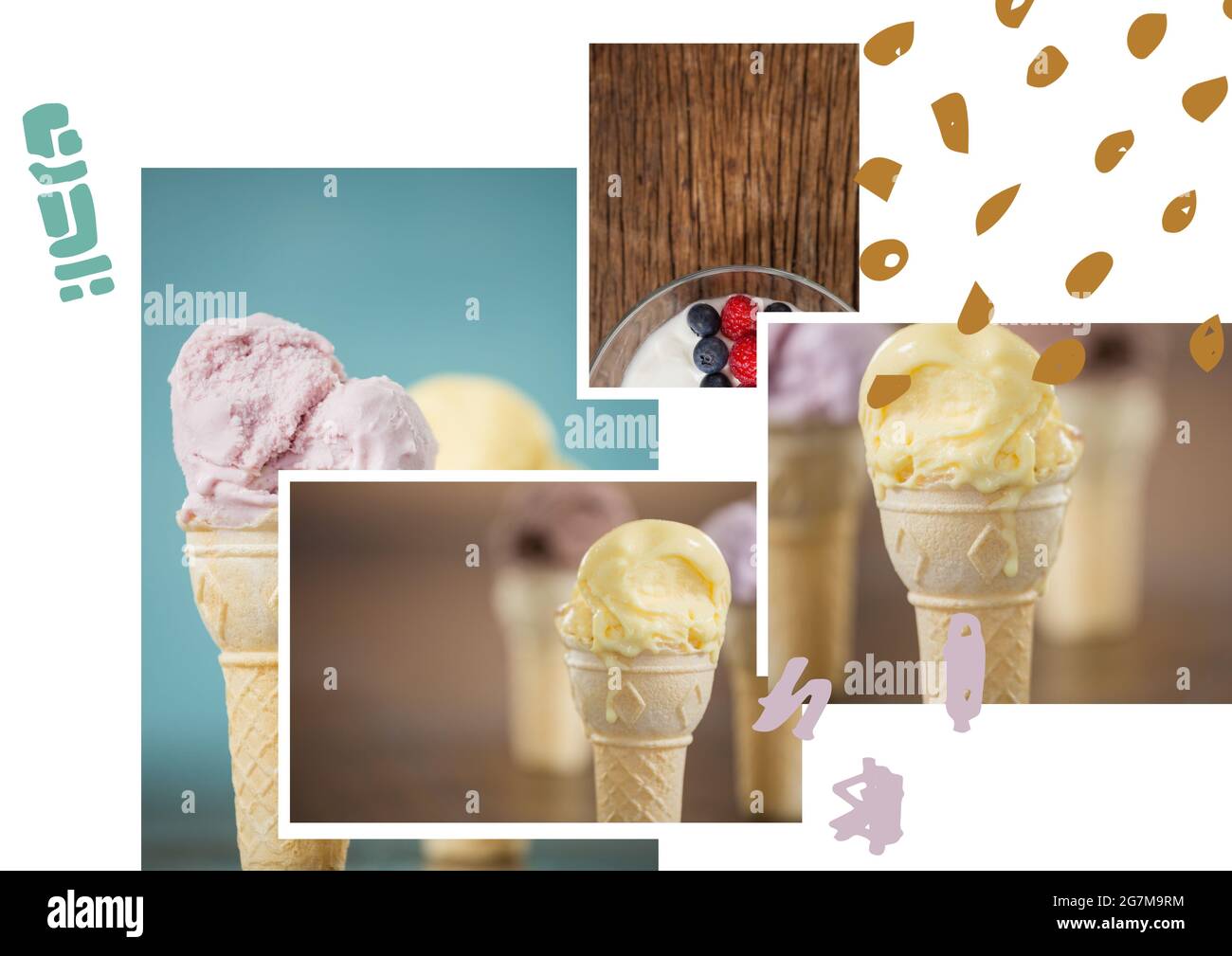 Forme astratte su collage di foto di gelato e dessert su sfondo bianco Foto Stock