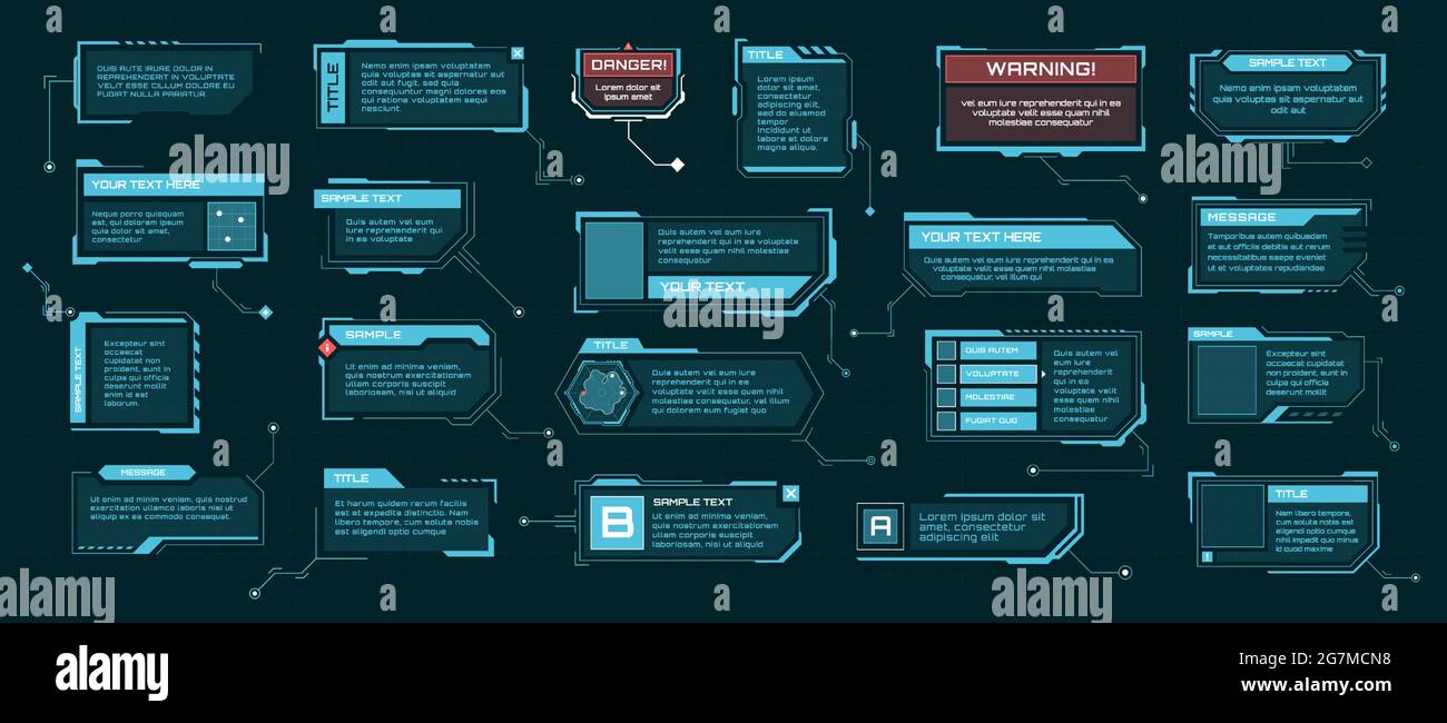 Titoli delle didascalie HUD. Caselle di testo futuristiche, etichette a barre delle didascalie digitali. Modello info frame sci-fi, set vettoriale elementi infografici hi-tech. Modelli di finestra con informazioni e avvisi Illustrazione Vettoriale
