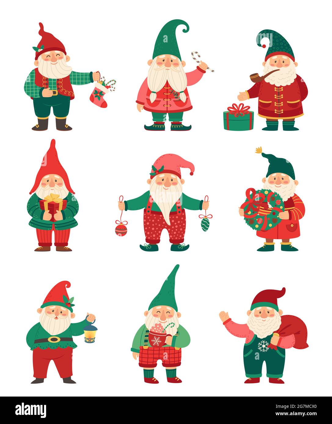 Gnomi di Natale. Carino nani elfi con elementi di vacanza invernali regali, calze, bacche agili. Serie vettoriale di caratteri gnome xmas a fumetto piatto. Personaggi da favola magici con regali e caramelle Illustrazione Vettoriale