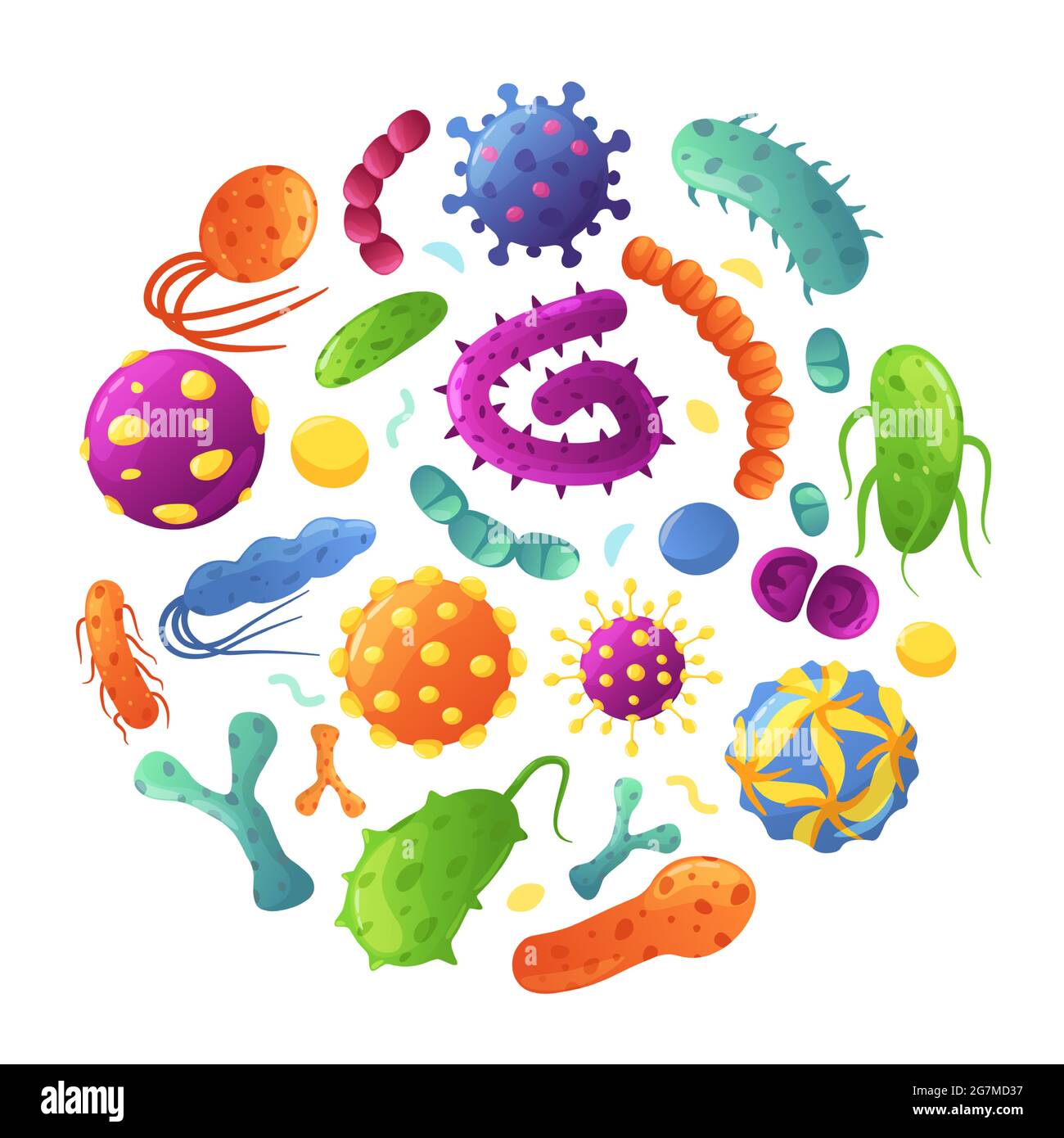 Germi cartoni animati in cerchio. Batteri, cellule tumorali, virus, germi, microrganismi. Varie malattie che causano microbi e insieme di vettori di organismi patogeni. Infezioni microscopiche, ricerca scientifica Illustrazione Vettoriale