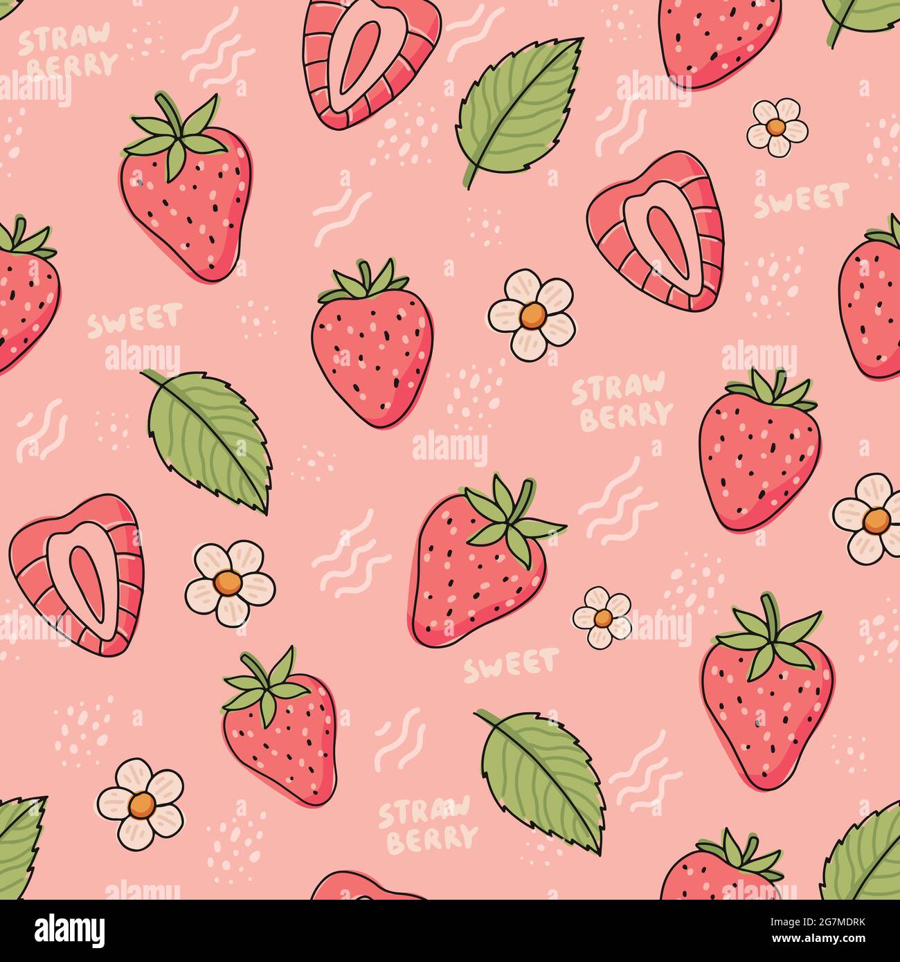 Modello di fragola. Carino fragole colorate con fiori e foglie in stile doodle, illustrazione vettoriale Illustrazione Vettoriale