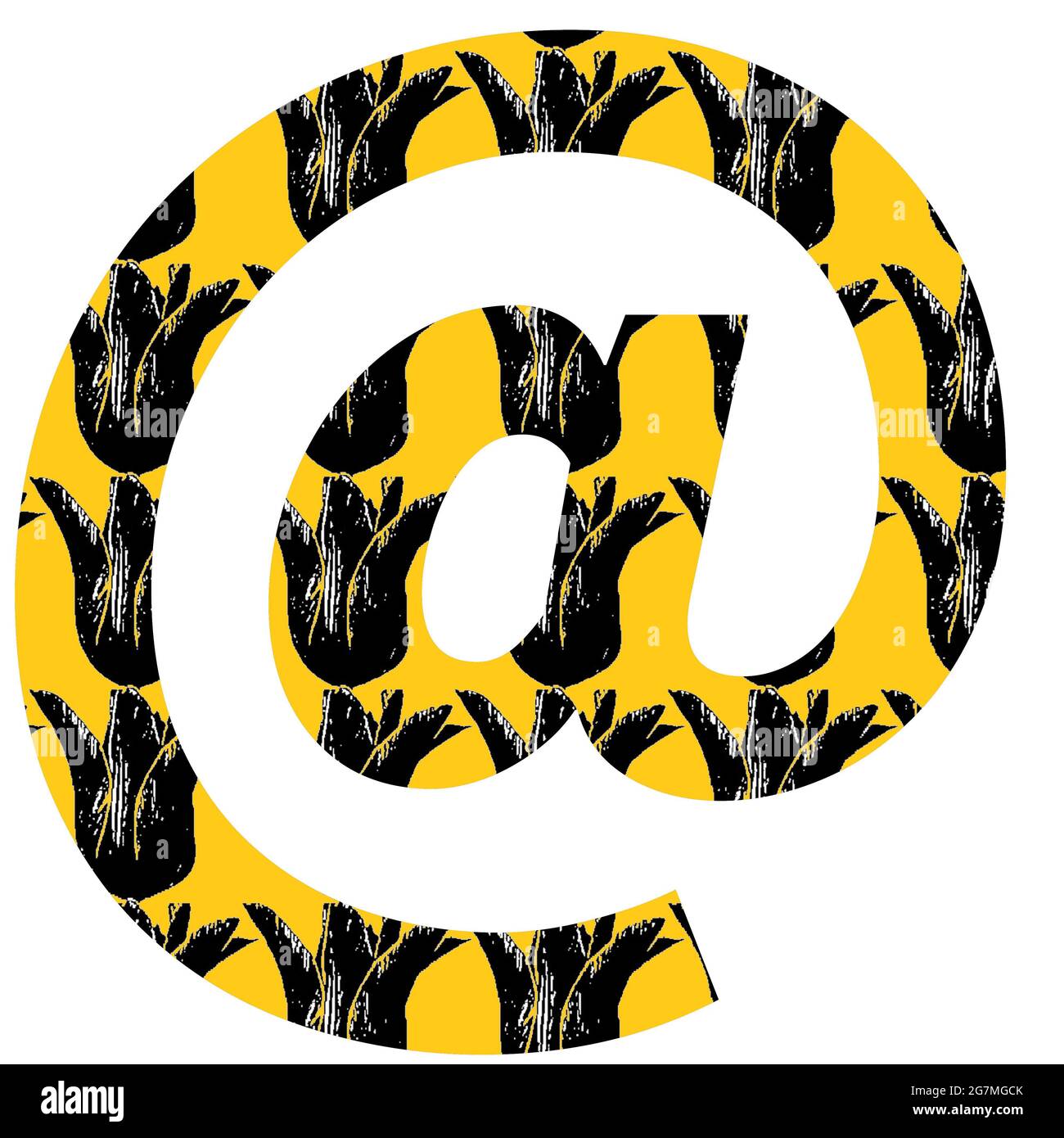 Al segno, segno di posta dell'alfabeto fatto con un motivo di tulipano nero su uno sfondo giallo, isolato su uno sfondo bianco Foto Stock