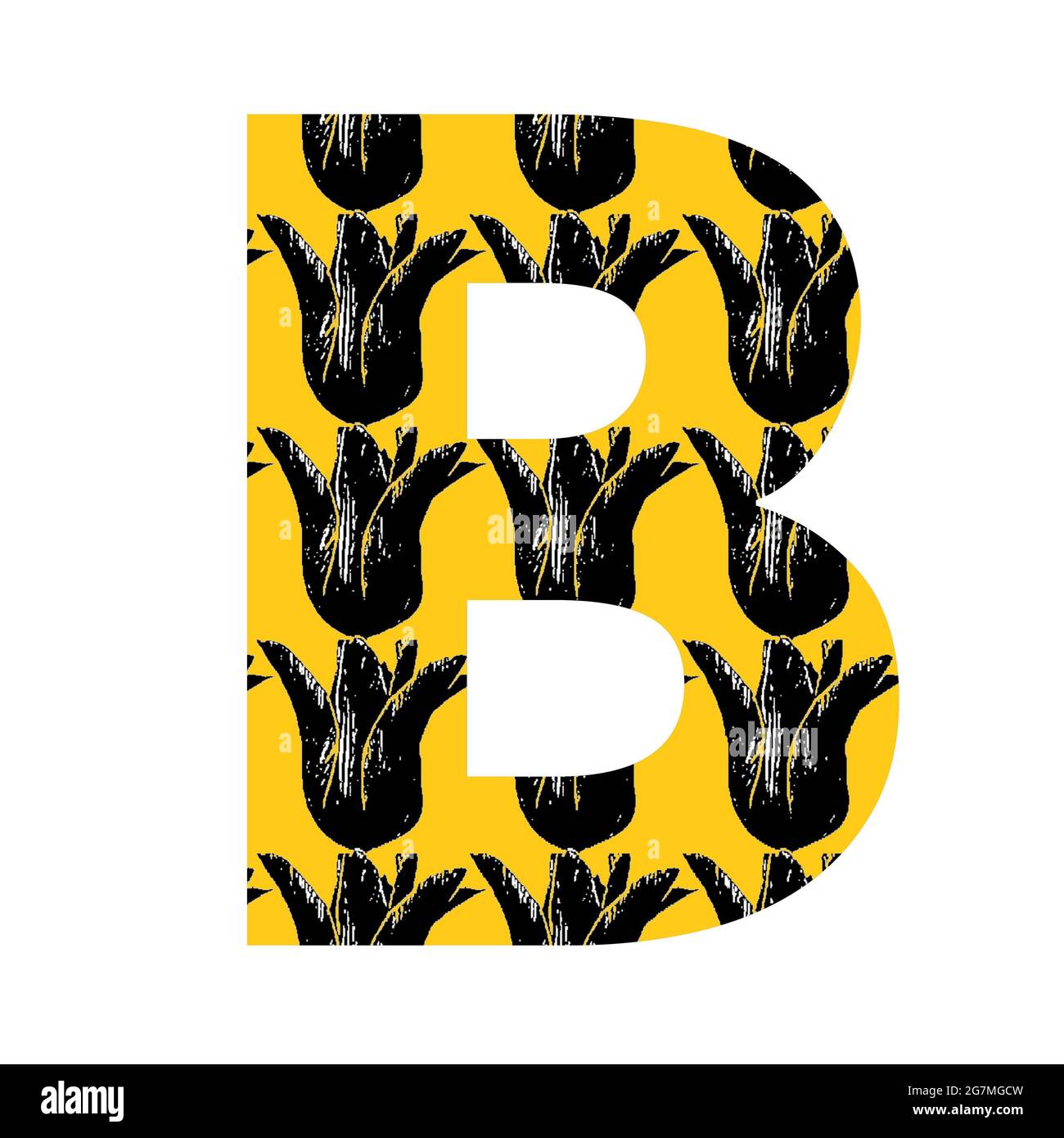 Lettera B dell'alfabeto fatta con un motivo di tulipano nero su sfondo giallo, isolato su sfondo bianco Foto Stock