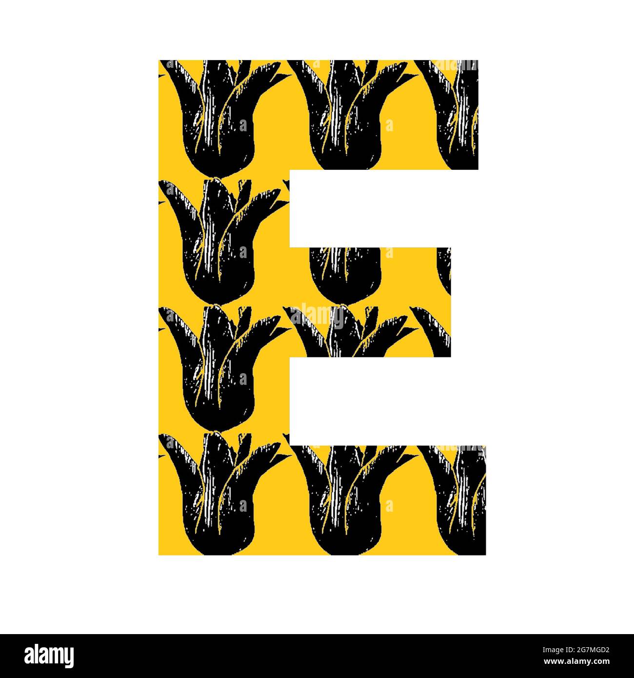 Lettera e dell'alfabeto fatto con un motivo di tulipano nero su sfondo giallo, isolato su sfondo bianco Foto Stock