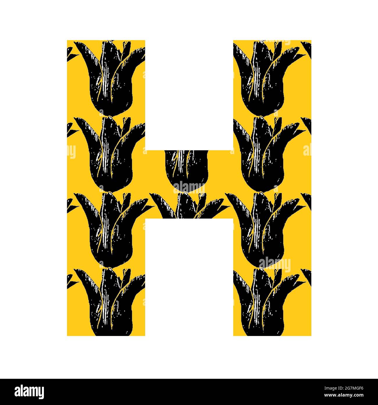 Lettera H dell'alfabeto fatta con un motivo di tulipano nero su sfondo giallo, isolato su sfondo bianco Foto Stock