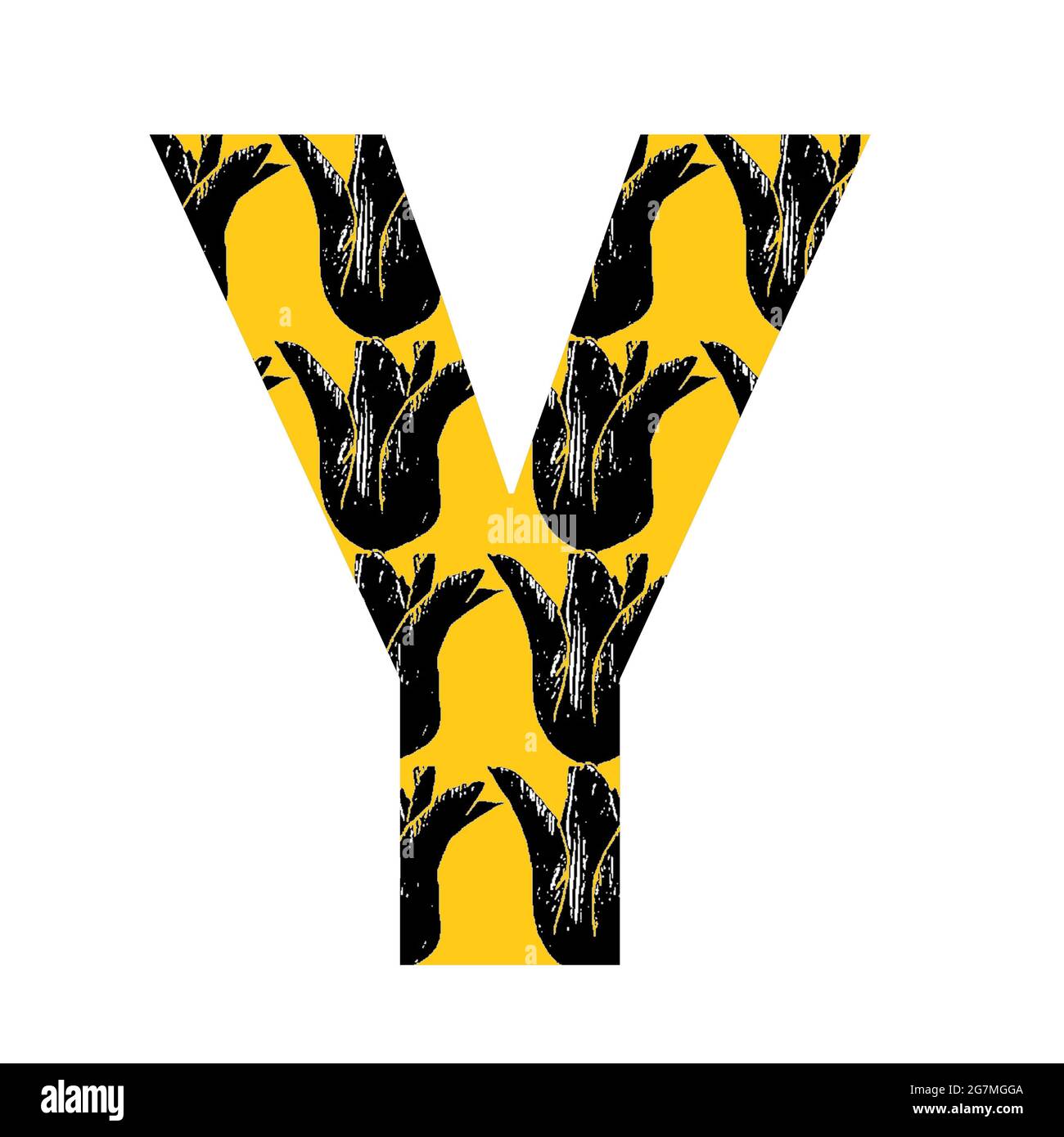 Lettera Y dell'alfabeto fatta con un motivo di tulipano nero su sfondo giallo, isolato su sfondo bianco Foto Stock