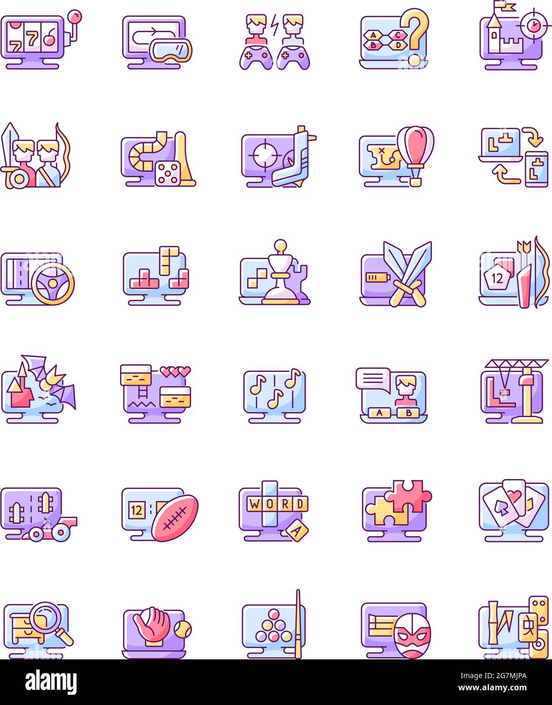 Tipi di gioco online Set di icone colore RGB Illustrazione Vettoriale