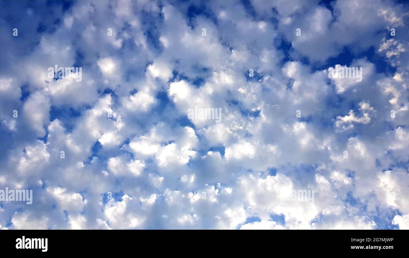 Cielo azzurro con nuvole di madreperla bianche e soleggiate. Foto Stock