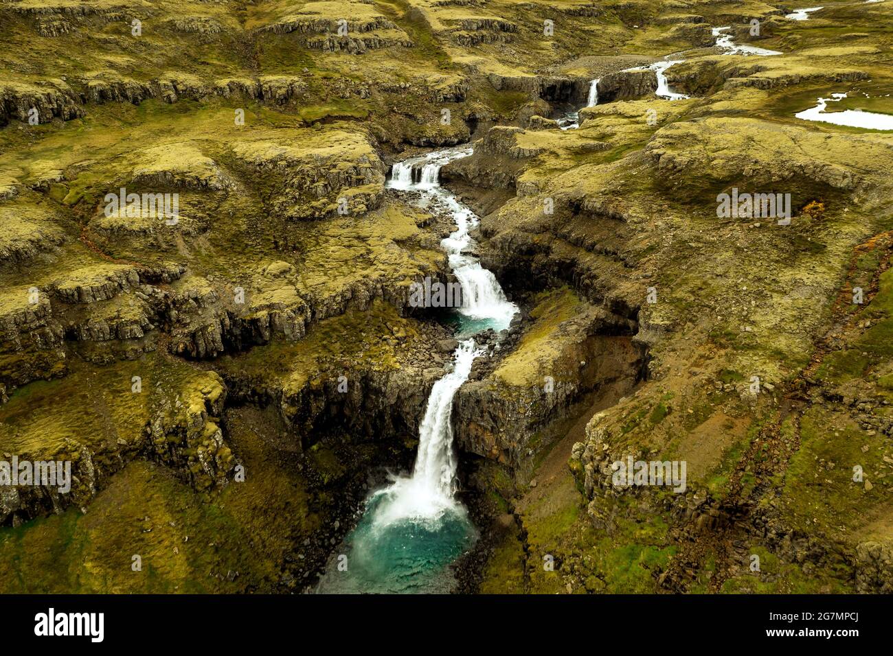 Foto aerea del fiume Öxará in splendide cascate. Foto Stock