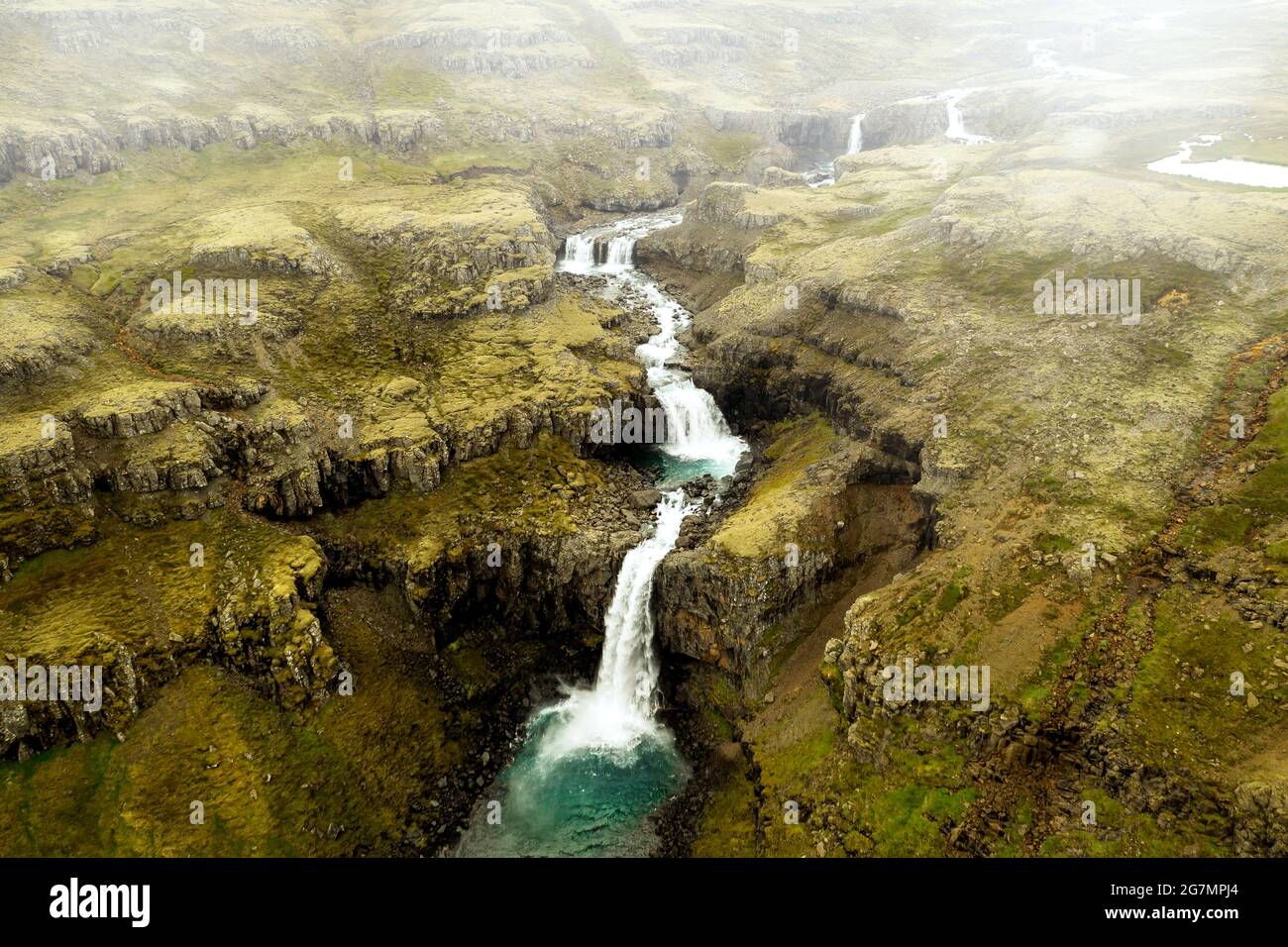 Foto aerea del fiume Öxará in splendide cascate. Foto Stock
