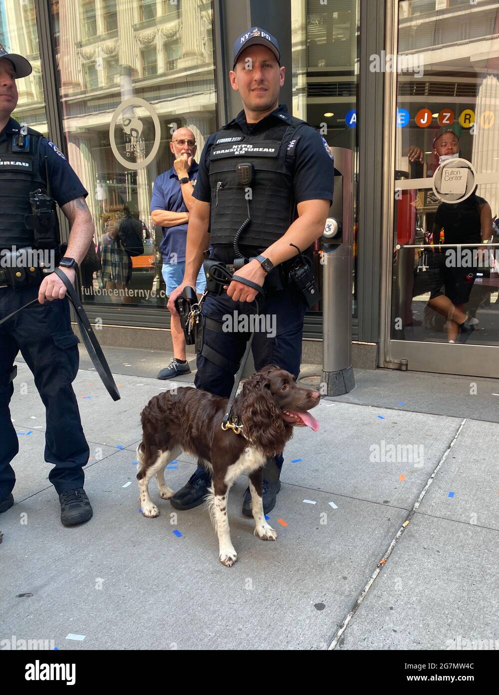 NYPD K9 poliziotto di pattuglia a Broadway a Manhattan con un cane da cecchino bomba durante una parata. Foto Stock