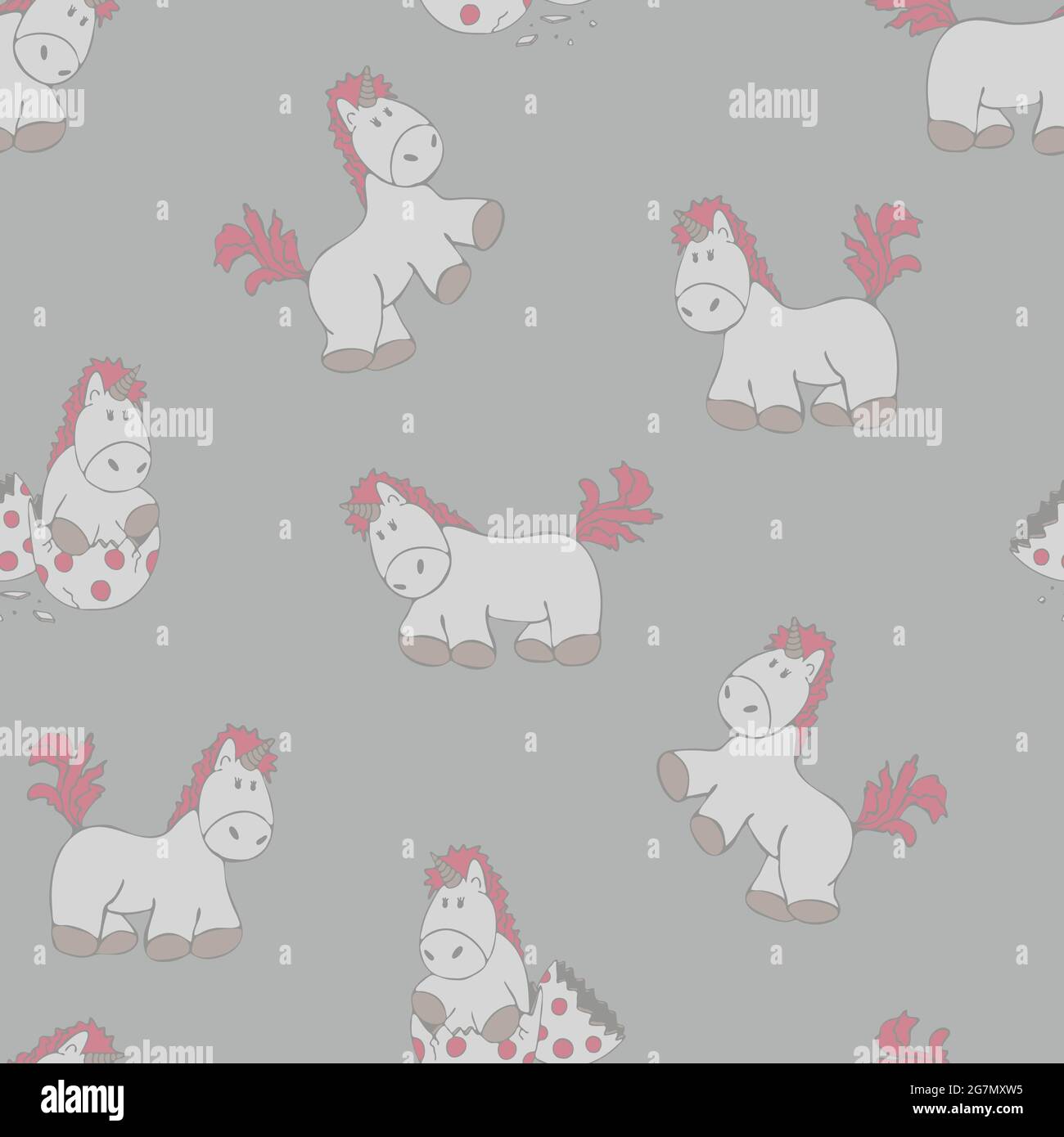 Pattern vettoriale senza giunture con unicorno su sfondo grigio chiaro. Simpatico wallpaper design per i bambini. Cartone animato stile fantasy tessuto bambino. Illustrazione Vettoriale