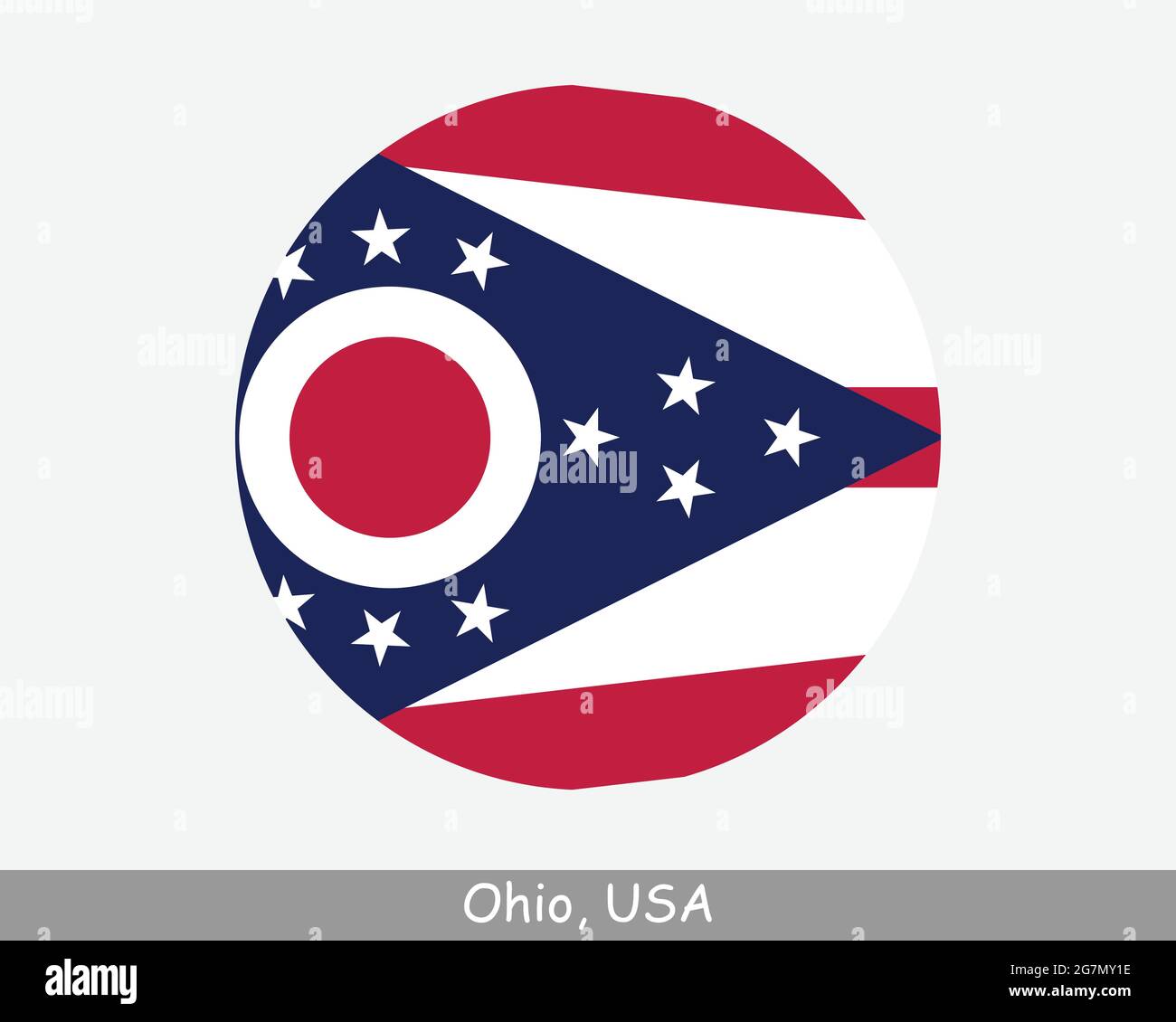 Bandiera Ohio Round Circle. OH Stato USA icona banner pulsante circolare. Bandiera di Stato degli Stati Uniti dell'Ohio. Lo Stato Buckeye, luogo di nascita dell'aviazione, Illustrazione Vettoriale