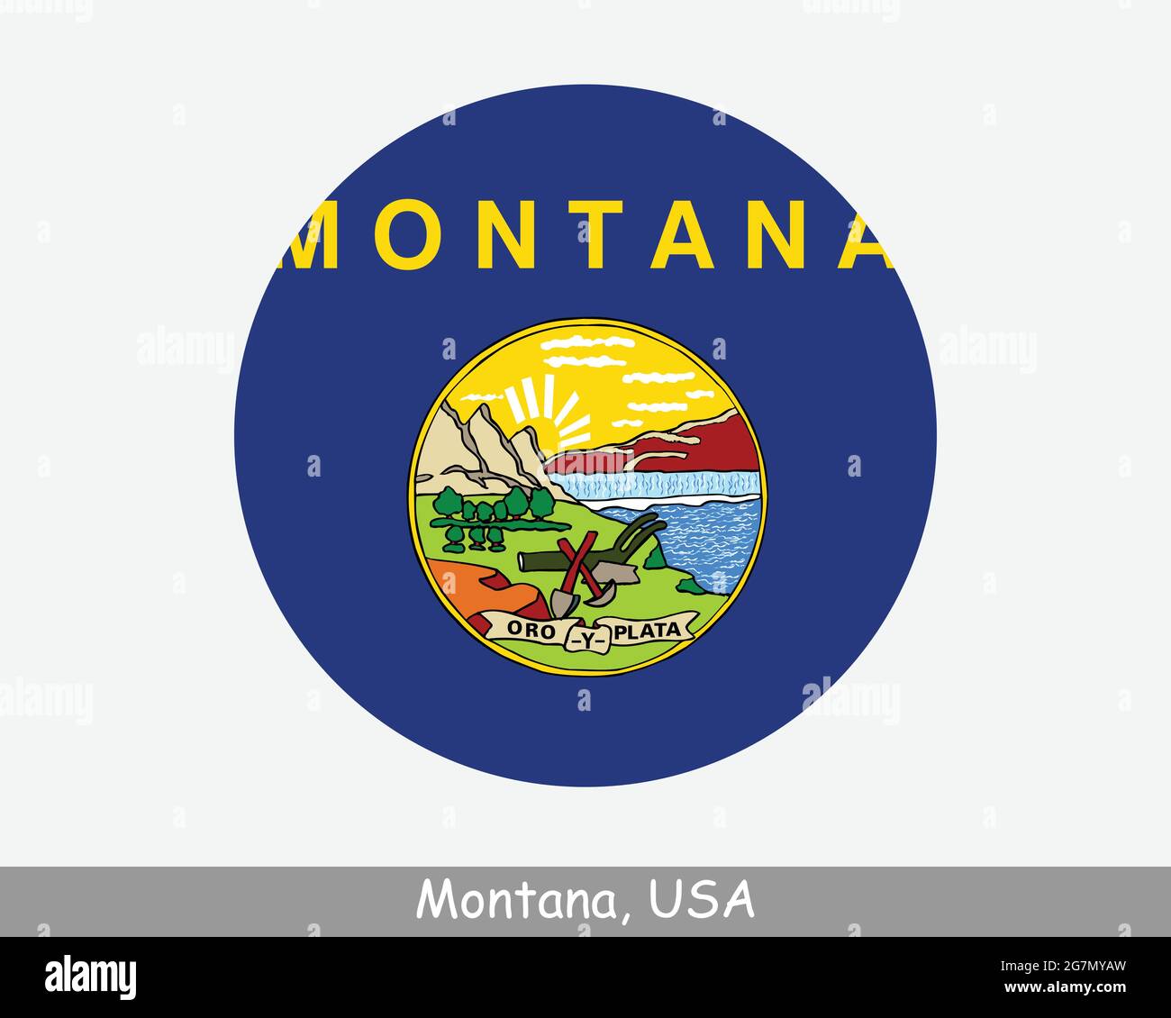 Bandiera del Montana Round Circle. Icona banner pulsante circolare STATO MT USA. Bandiera di Stato degli Stati Uniti del Montana. Big Sky Country, lo Stato del Tesoro, Illustrazione Vettoriale