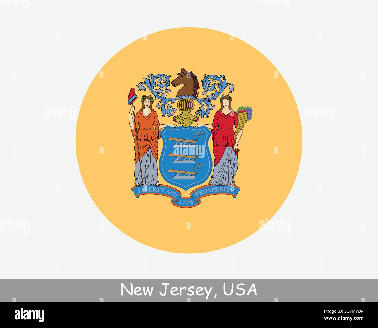 Bandiera del New Jersey Round Circle. Icona banner pulsante circolare stato NJ USA. Bandiera di Stato del New Jersey Stati Uniti d'America. Il vettore EPS Garden state Illustrazione Vettoriale