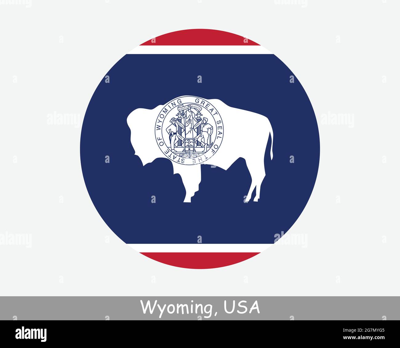 Bandiera a cerchio circolare Wyoming. WY icona banner pulsante circolare stato USA. Bandiera di Stato degli Stati Uniti d'America del Wyoming. Vettore EPS stato di uguaglianza Illustrazione Vettoriale