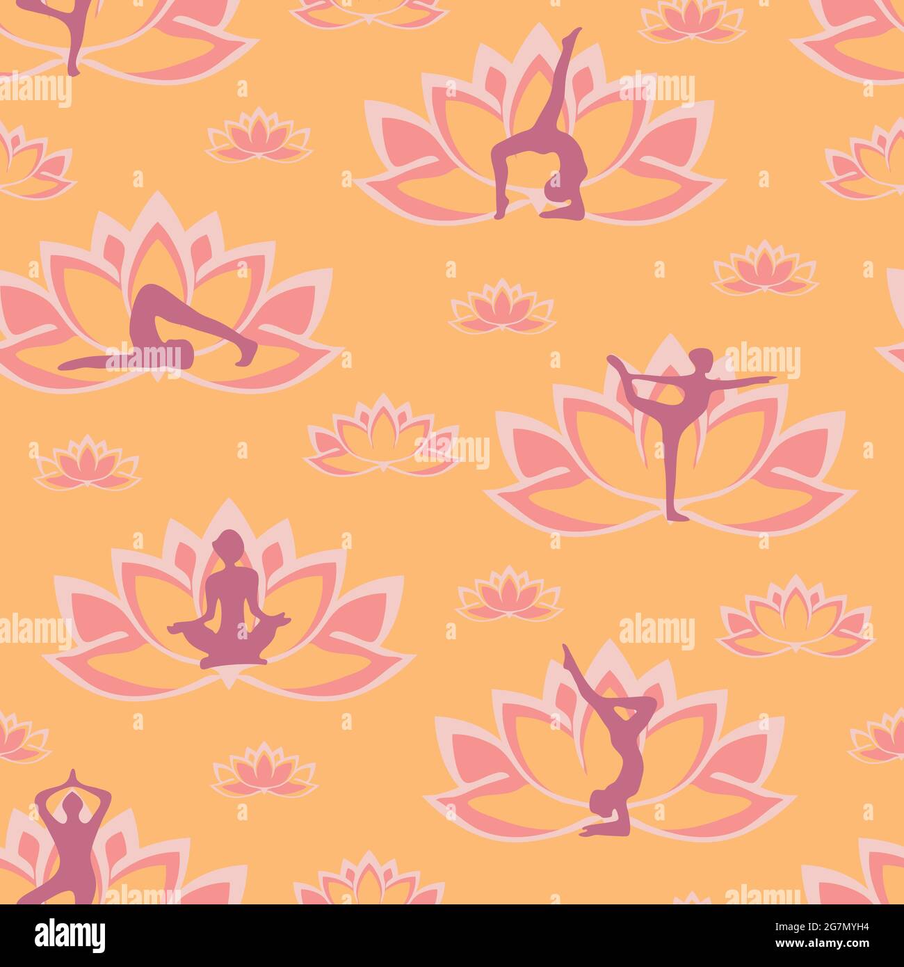 Pattern vettoriale senza cuciture con yoga e fiori di loto su sfondo rosa chiaro. Stile di vita sano carta da parati design zen simbolo. Illustrazione Vettoriale